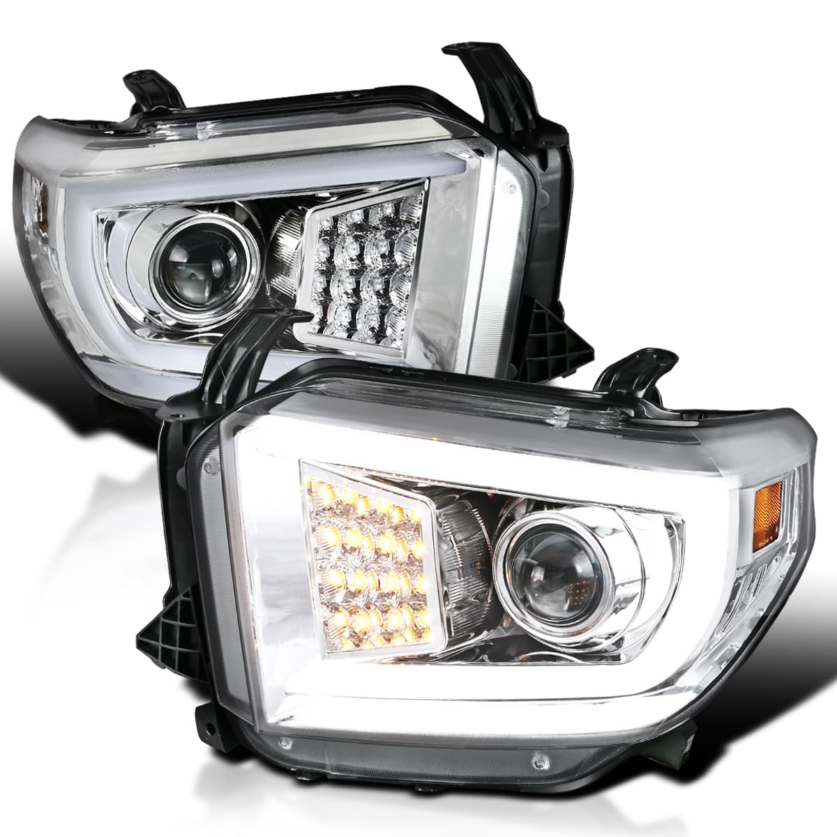 Chrome LED Light Bar Projector Headlights w/Sequential LED Signal Spec-D Tuning Compatible with 2014-2021 Toyota Tundra, Left + Right Pair Headlamps Assembly