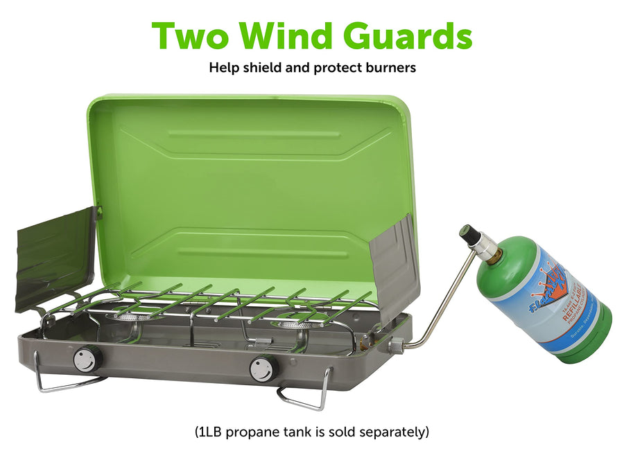 Flame King 2-Burner VT-101 Portable Camping Stove Grill, Great for Outdoor Cooking, Backpacking, Compatible with 1LB Propane Gas Bottle