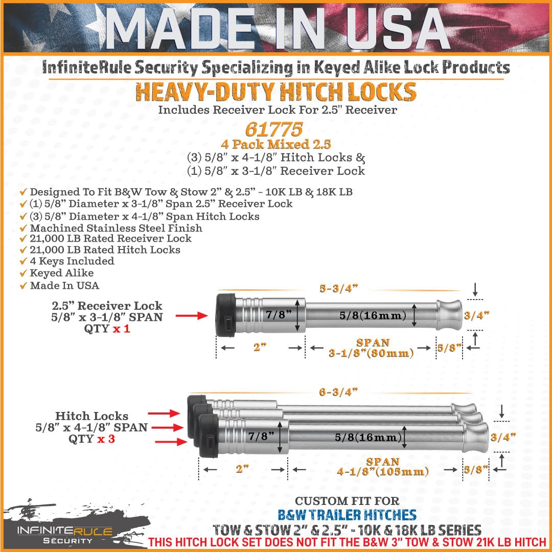 Security InfiniteRule 61775 | 4 Pack Mixed 2.5, Keyed Alike, Hitch Locks for B&W 2" & 2.5" Tow and Stow 10K LB & 18K LB - Includes Receiver Lock for 2.0" Or 2.5" Receiver