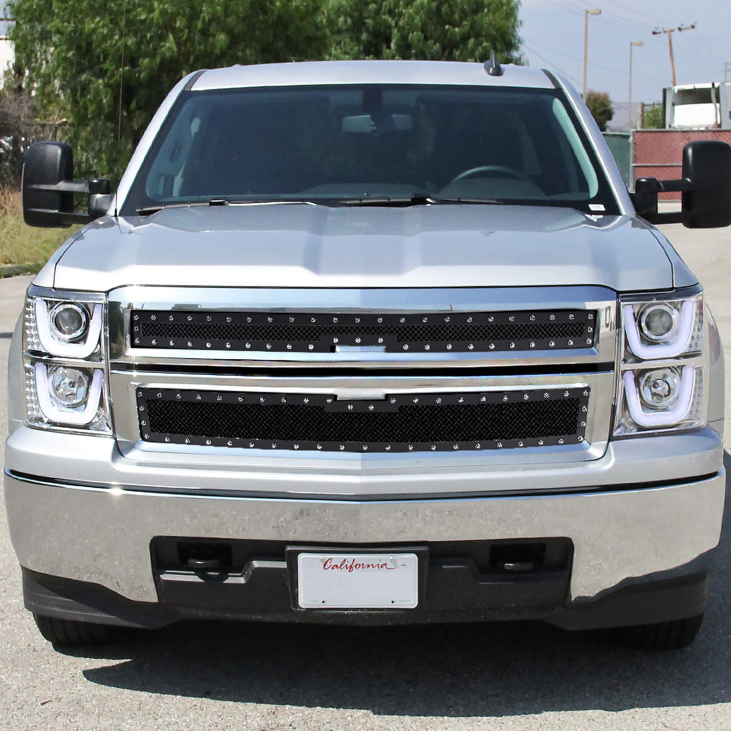 Spec-D Tuning Black Studded Rivet Style S/S Hood Grille Insert 2PCs Compatible with 2014-2015 Chevy Silverado 1500