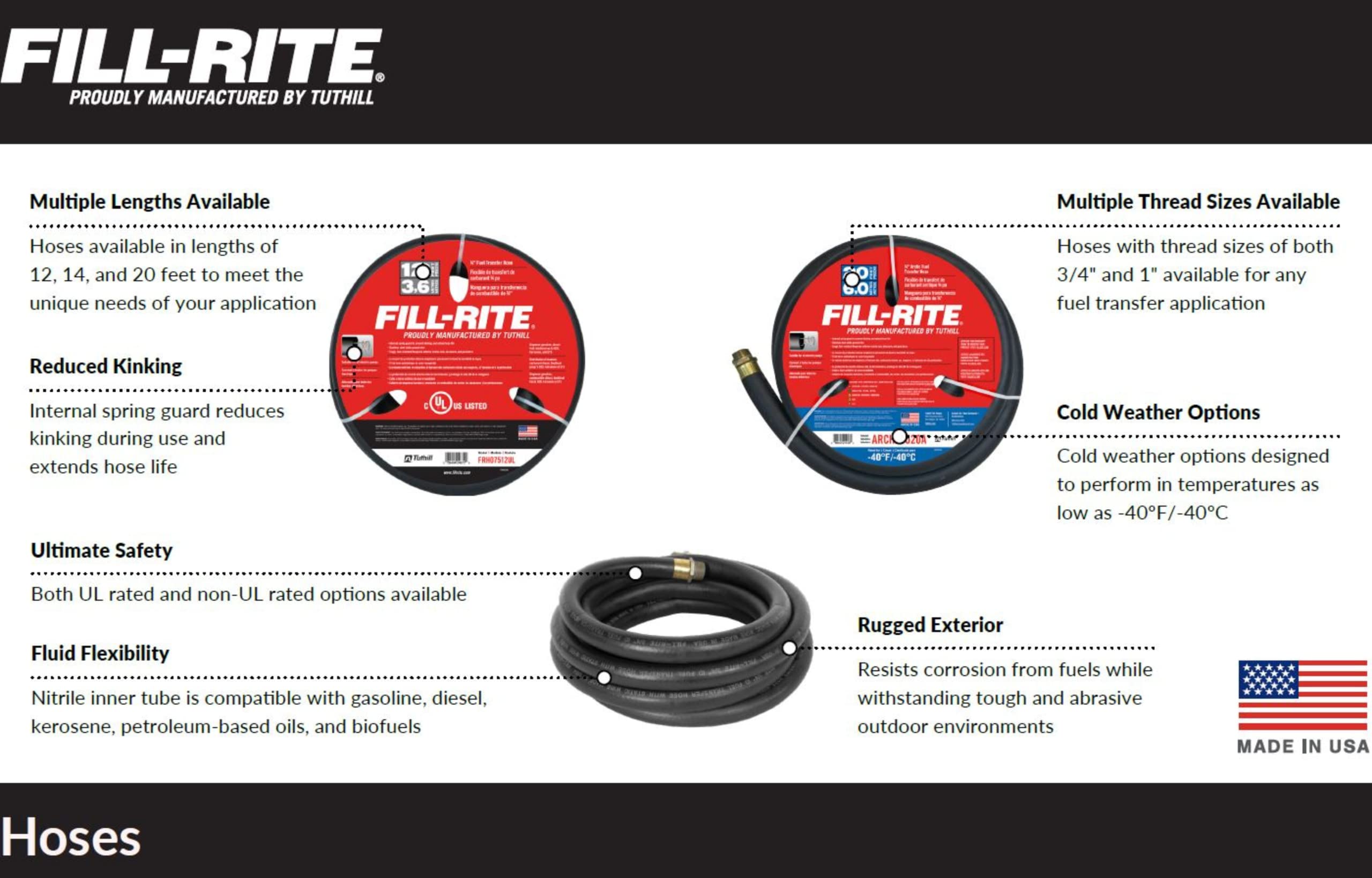 Fill-Rite 3/4 Inch FRH07514 x 14 Foot Neoprene Replacement Fuel Transfer Hose with Male Ends Compatible with All Electric Fuel Pumps