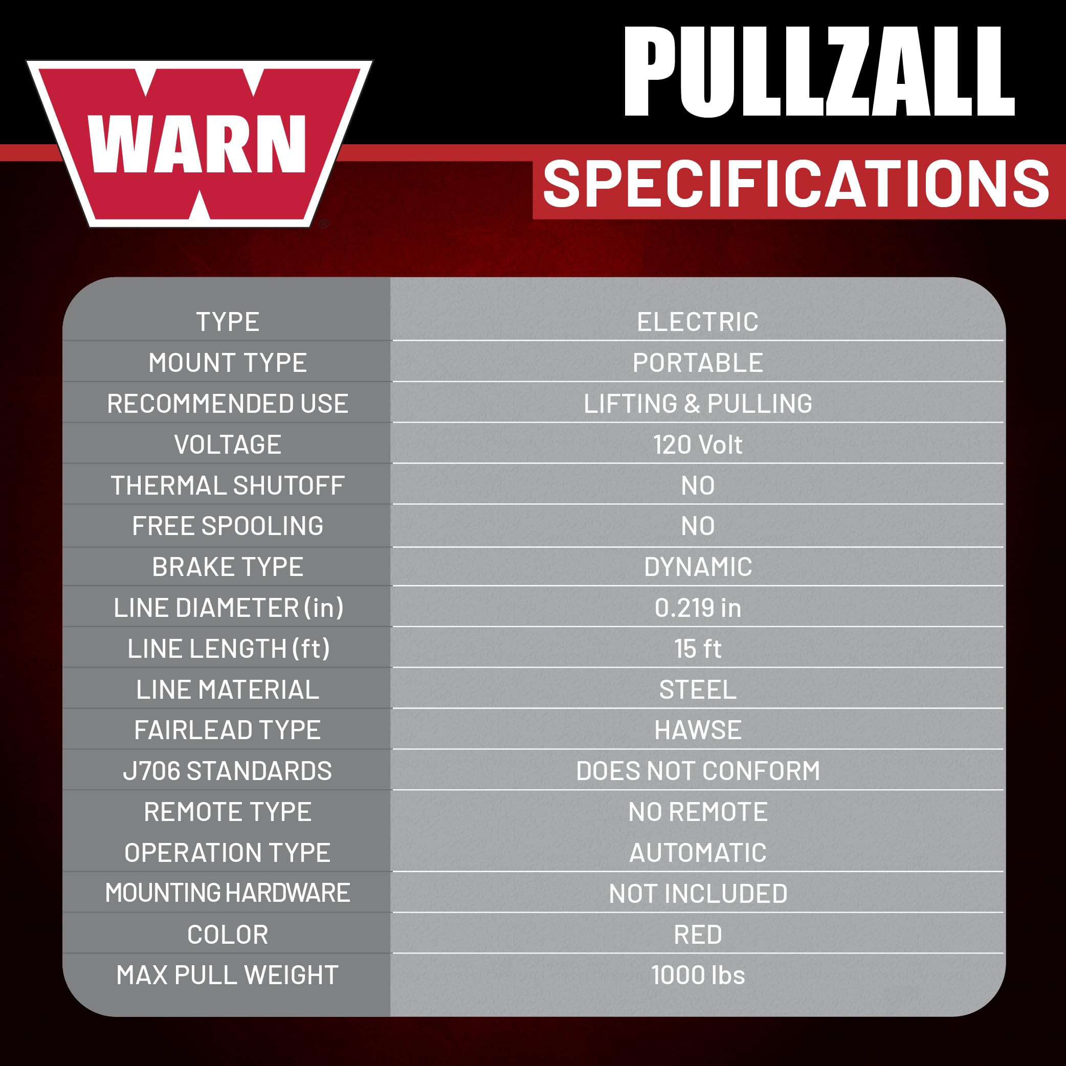 PullzAll WARN 885001 Corded 120V AC Portable Electric Winch with Steel Cable and Swiveling Anchor Hook for Hoisting an Engine Block: 1,000 lb (1/2 Ton) Pulling Capacity, Variable Speed Control.