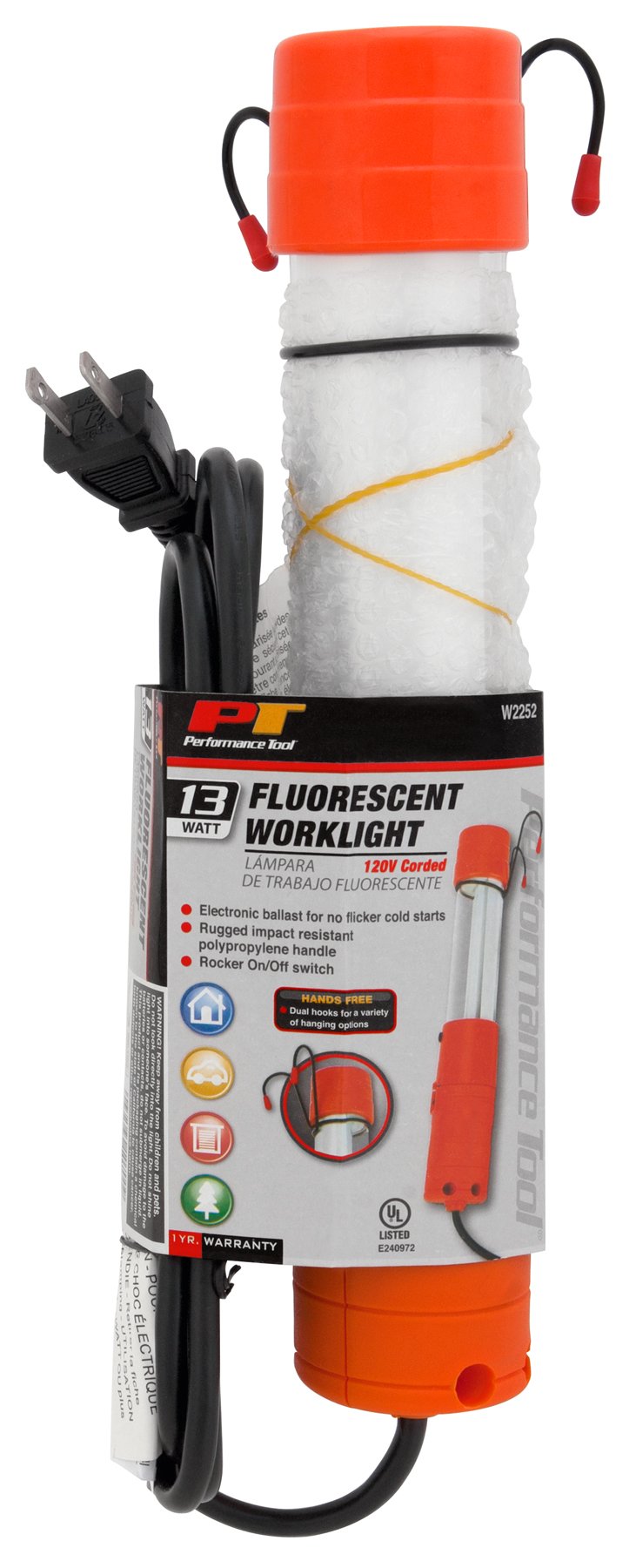 W2252 Performance Tool 120V, 6' x 18GA 13W CFL Drop Light & Dual Hook
