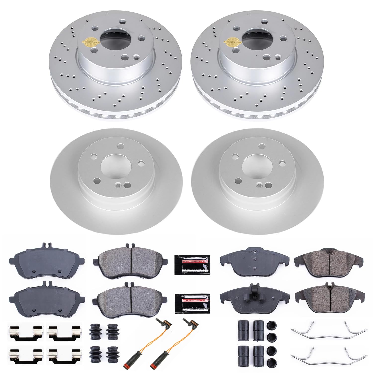 Power Stop CRK7759 Geomet Coated Front & Rear Brake Kit and 1 Front & 1 Rear Sensor Wires For Mercedes-Benz C300 2008-2012 [Model Specific]