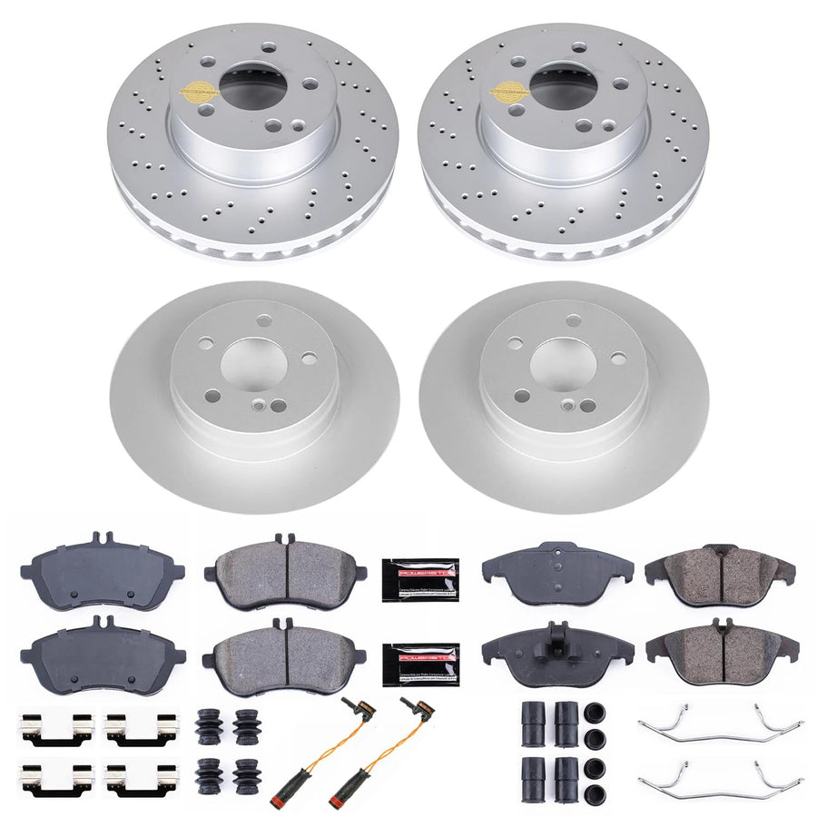 Power Stop CRK7759 Geomet Coated Front & Rear Brake Kit and 1 Front & 1 Rear Sensor Wires For Mercedes-Benz C300 2008-2012 [Model Specific]