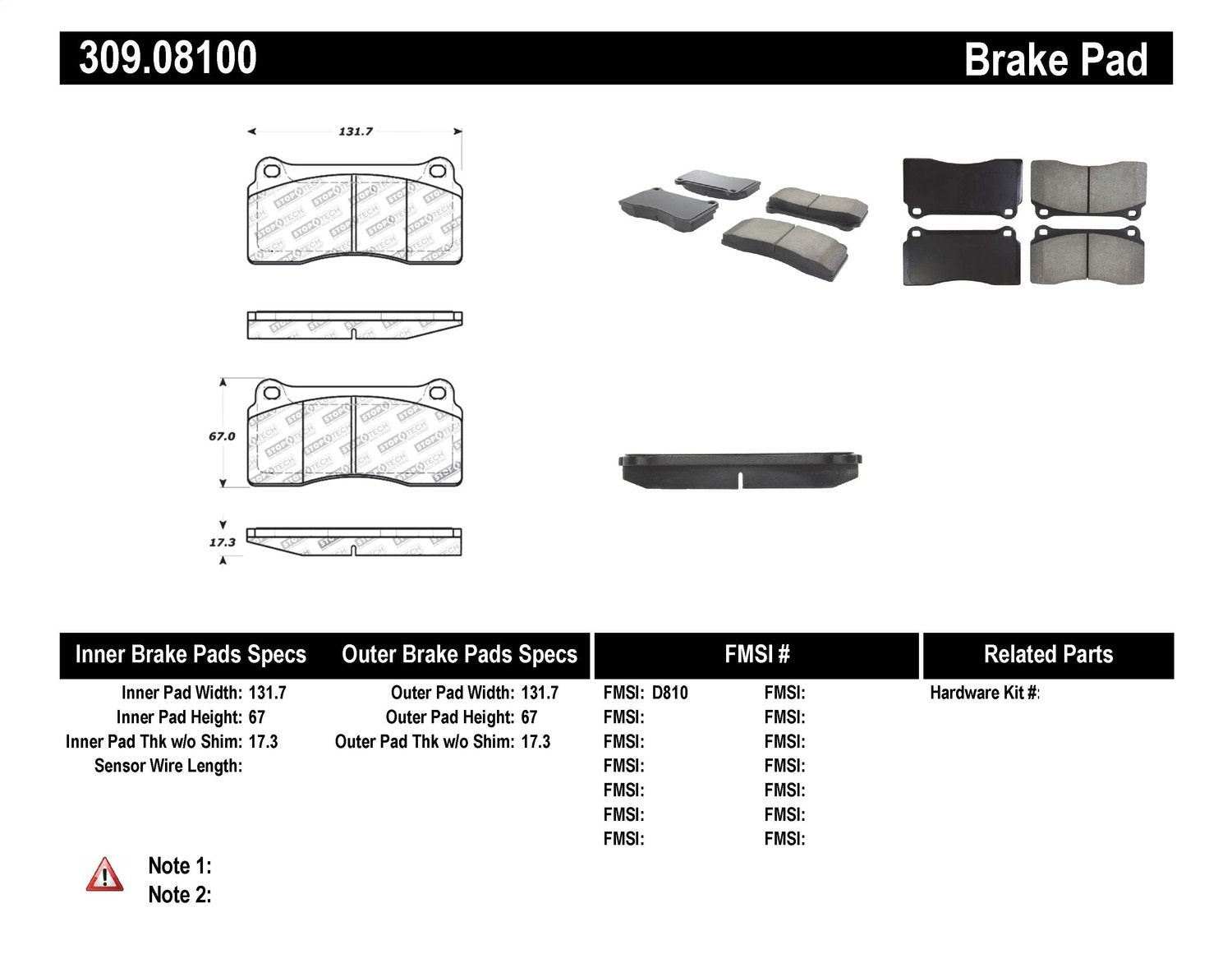 Sport Brake Pads StopTech 309.08100 with Shims