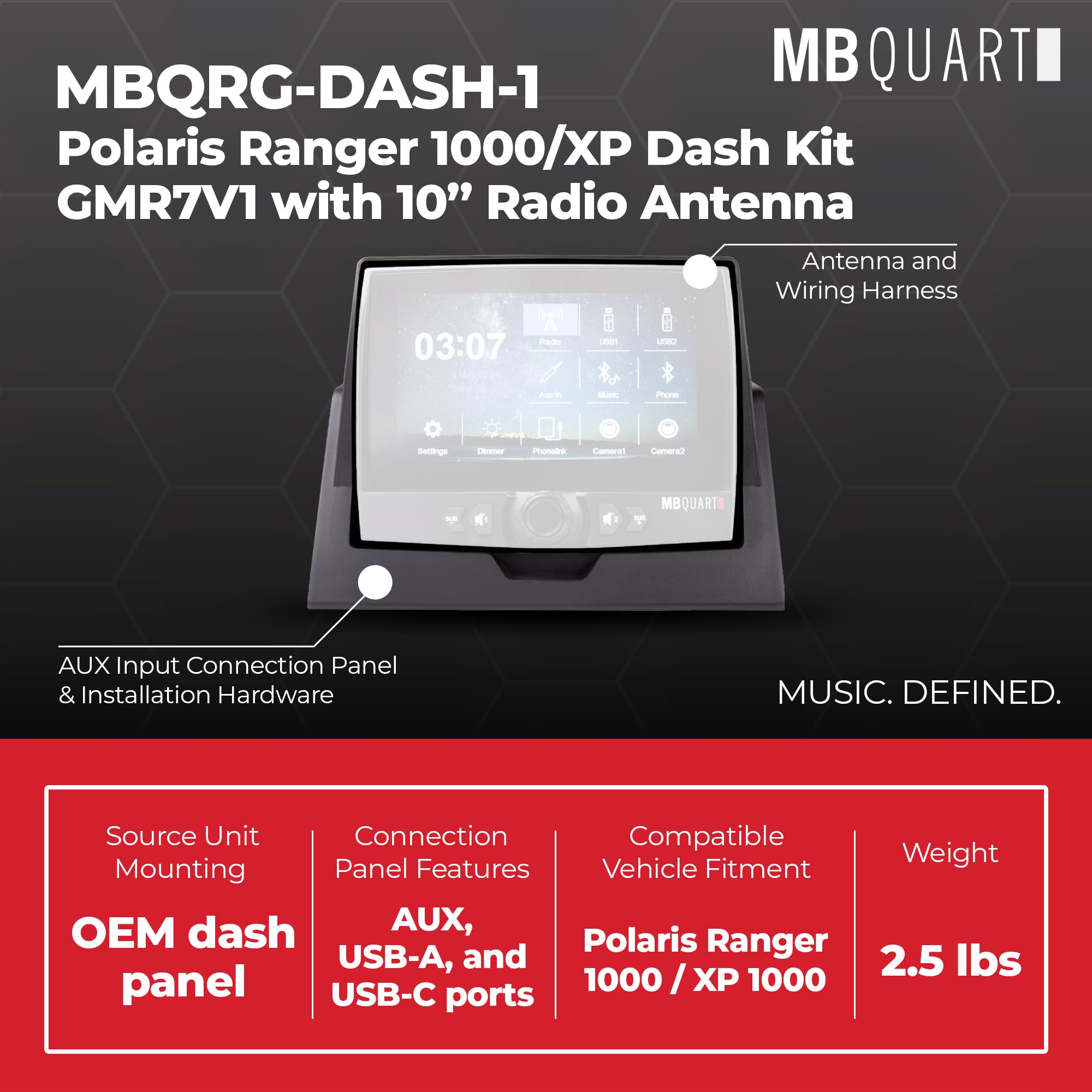 Polaris Ranger 1000/XP MB Quart Dash Kit GMR7V1 - Easy Installation, High-Impact Panel, Wiring Harness, and Included 10 Inch Radio Antenna