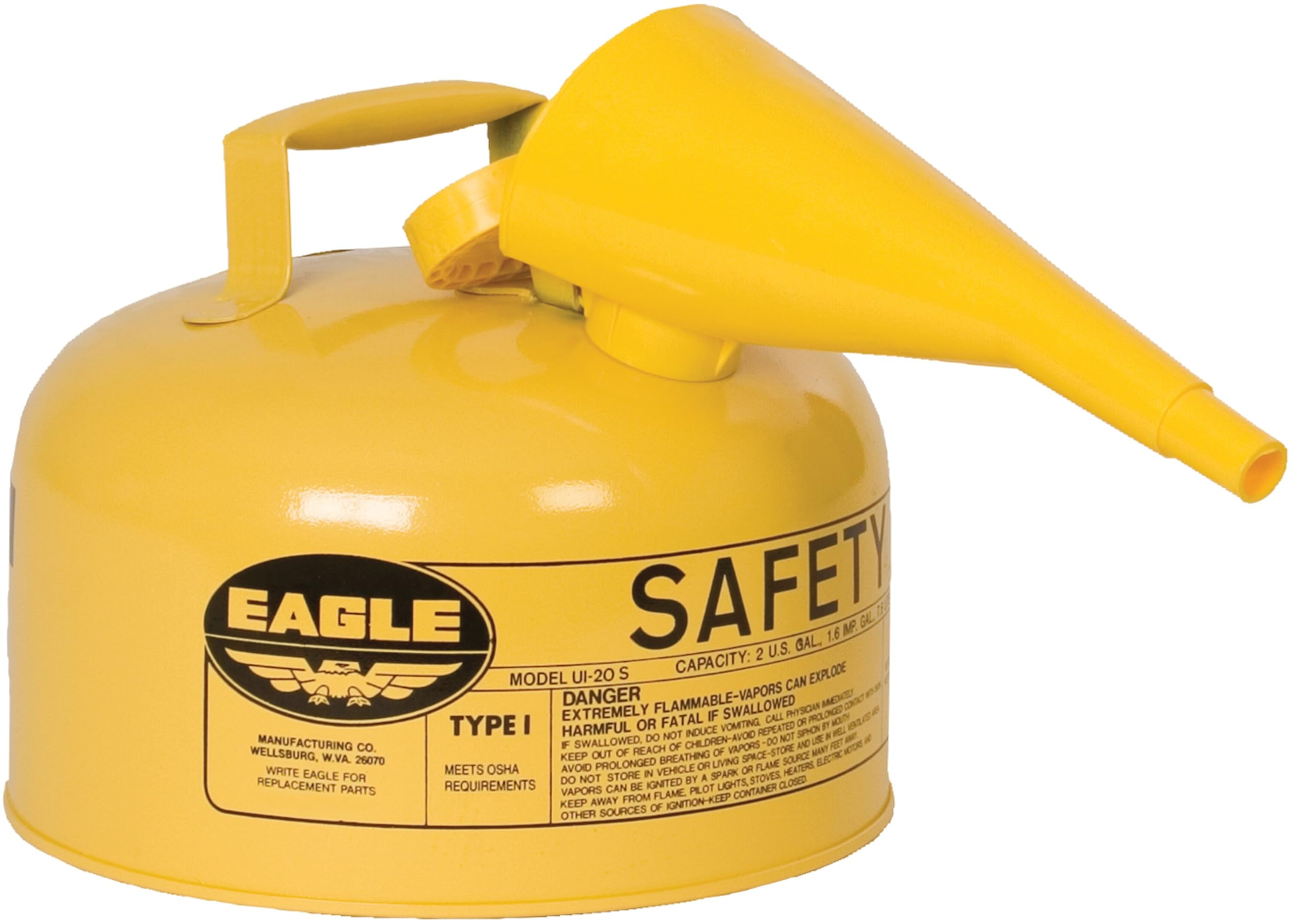 Eagle 2 Gallon Yellow Type I Safety Gas Can for Diesel with Flame Arrester, Self-Closing Lid, and F-15 Funnel, Made in the USA, Galvanized Steel Flammable Storage Can, UI20FSY
