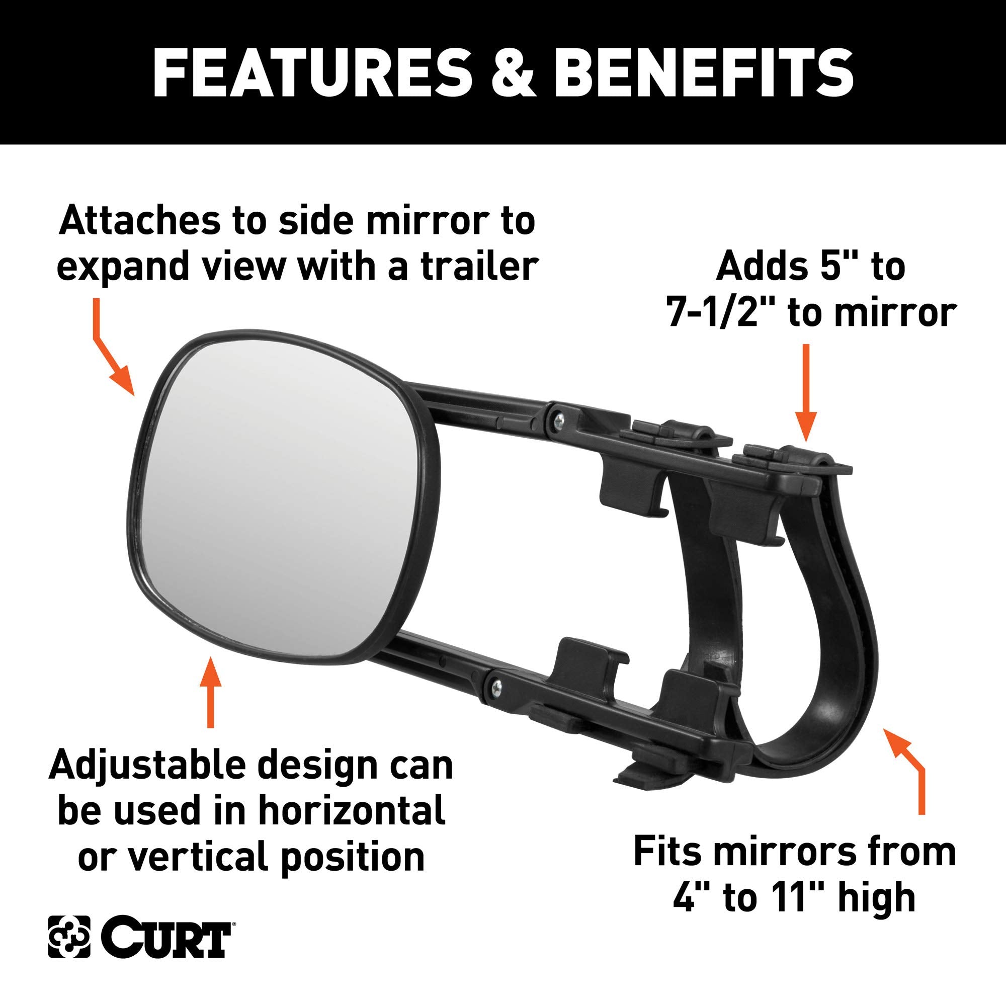 CURT 5-Inch x 7-1/2-Inch Universal Strap-On Adjustable Extendable Towing Mirror 20002