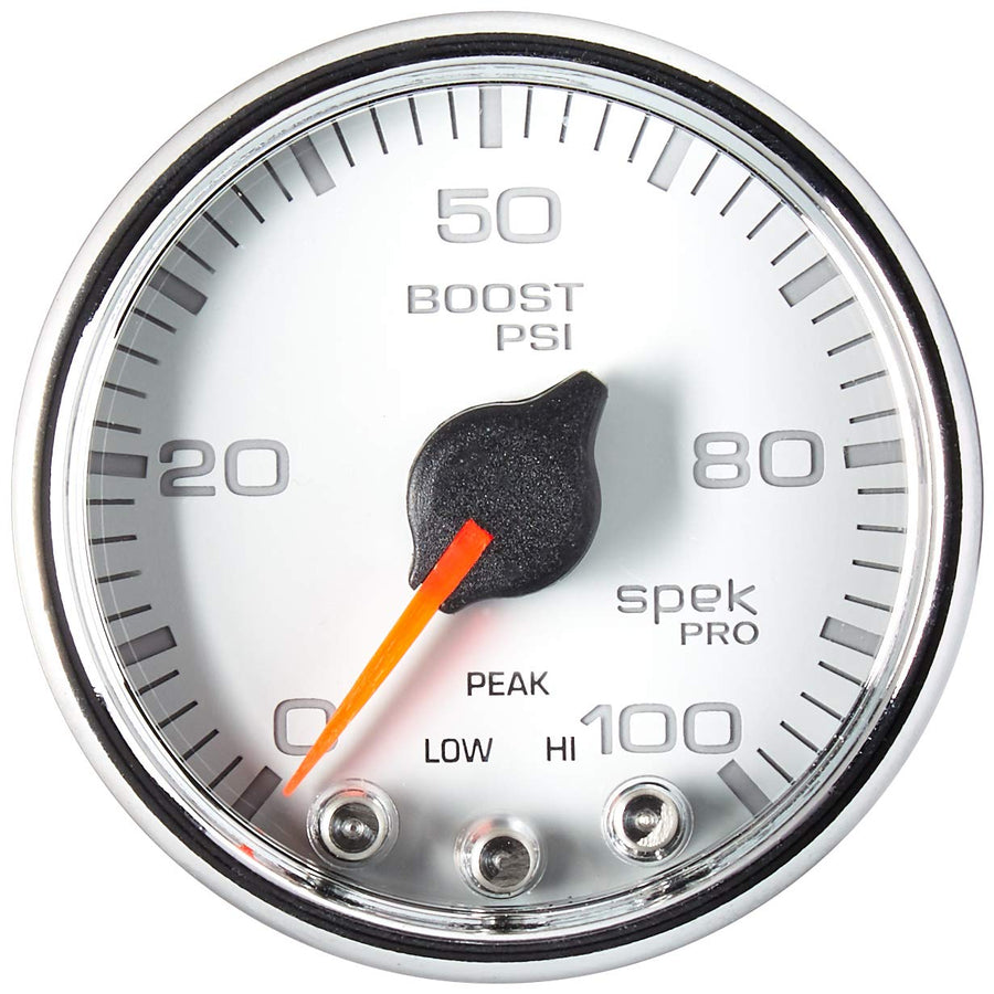 Gauge AUTO METER P30511 Boost (Spek-Pro 2 1/16", 100Psi, Stepper Motorwith Peak & Warn, Wht/Chrm, Spek-Pro)