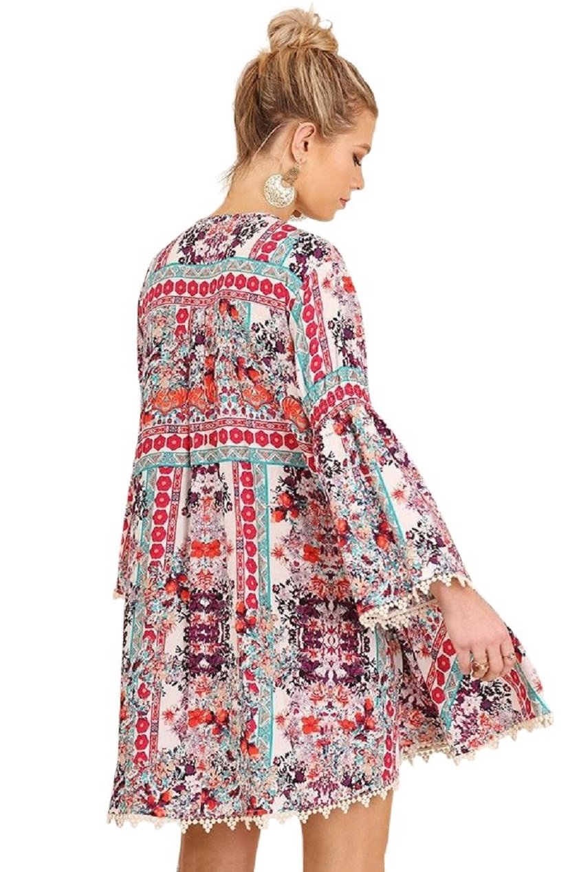 Umgee Boho USA Floral Print Hippie Dress Tunic with Keyhole Neckline and Bell Sleeves (Medium, BERRY MIX C0315)