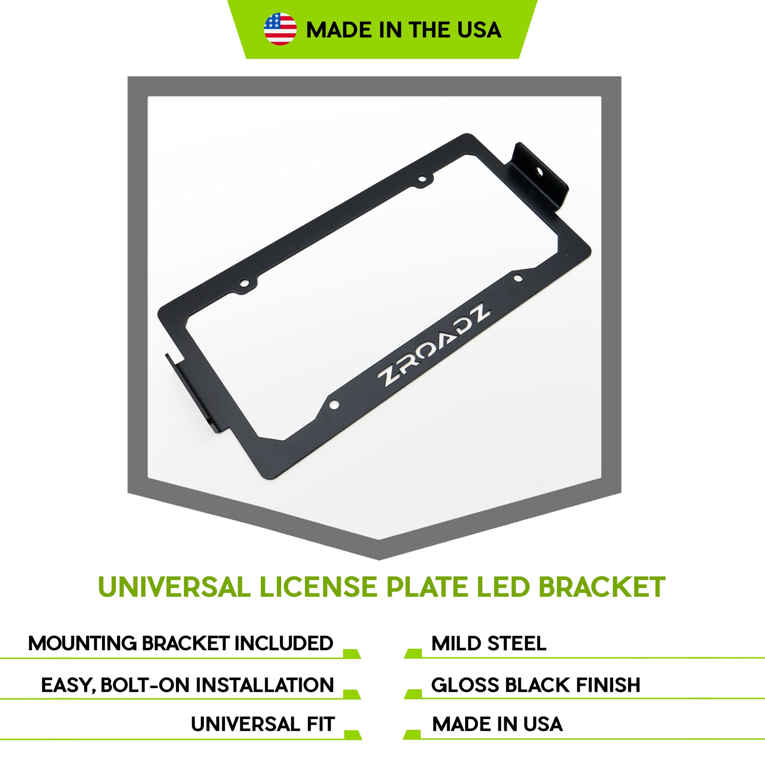 ZROADZ LED License Plate Frame Universal Bracket ONLY- Black Mild Steel - Bolt-on No Drilling Required - Mounts (2) 3 Inch ZROADZ or Similar Style LED Pod Lights PN#Z310005