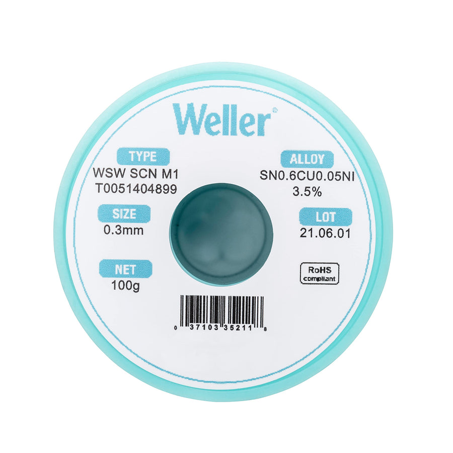 Weller M1 WSW SCN (T0051404899) Lead Free Solder Wire, Dia: 0.3 mm / 0.012 in, Wt: 100 g / 3.527 oz, Alloy Sn99.3Cu0.6Ni0.05, Flux content 3.5%