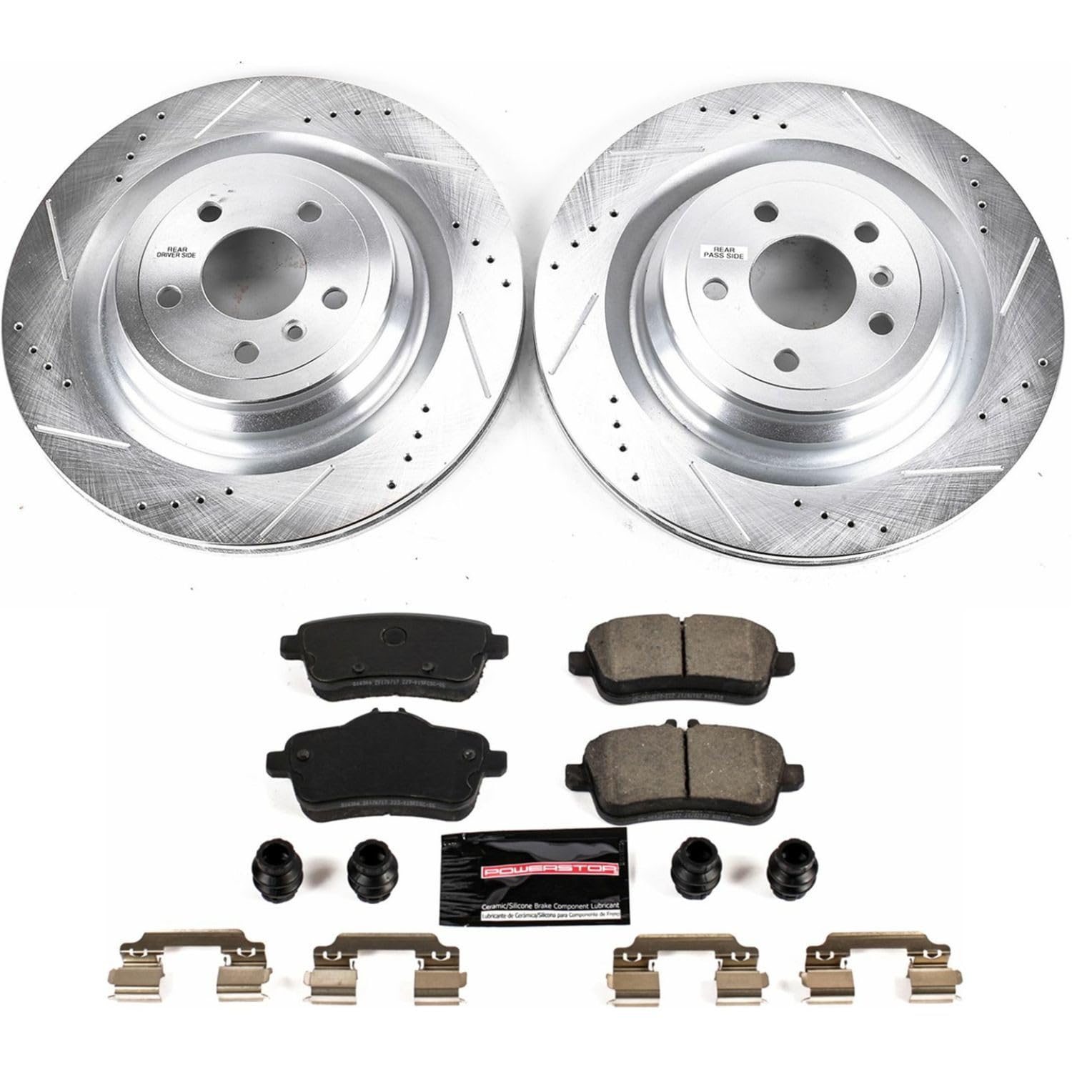 Power Stop K7448 Z23 Carbon Fiber Brake Pads with Drilled & Slotted Brake Rotors Kit and 1 Rear Sensor Wire For GL350, GL450, GL550, GLE43 AMG, GLS3, GLS450, GLS550 [Model Specific]