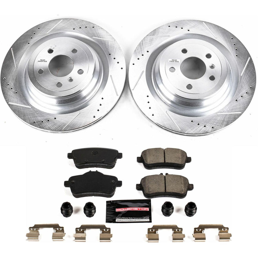 Power Stop K7448 Z23 Carbon Fiber Brake Pads with Drilled & Slotted Brake Rotors Kit and 1 Rear Sensor Wire For GL350, GL450, GL550, GLE43 AMG, GLS3, GLS450, GLS550 [Model Specific]