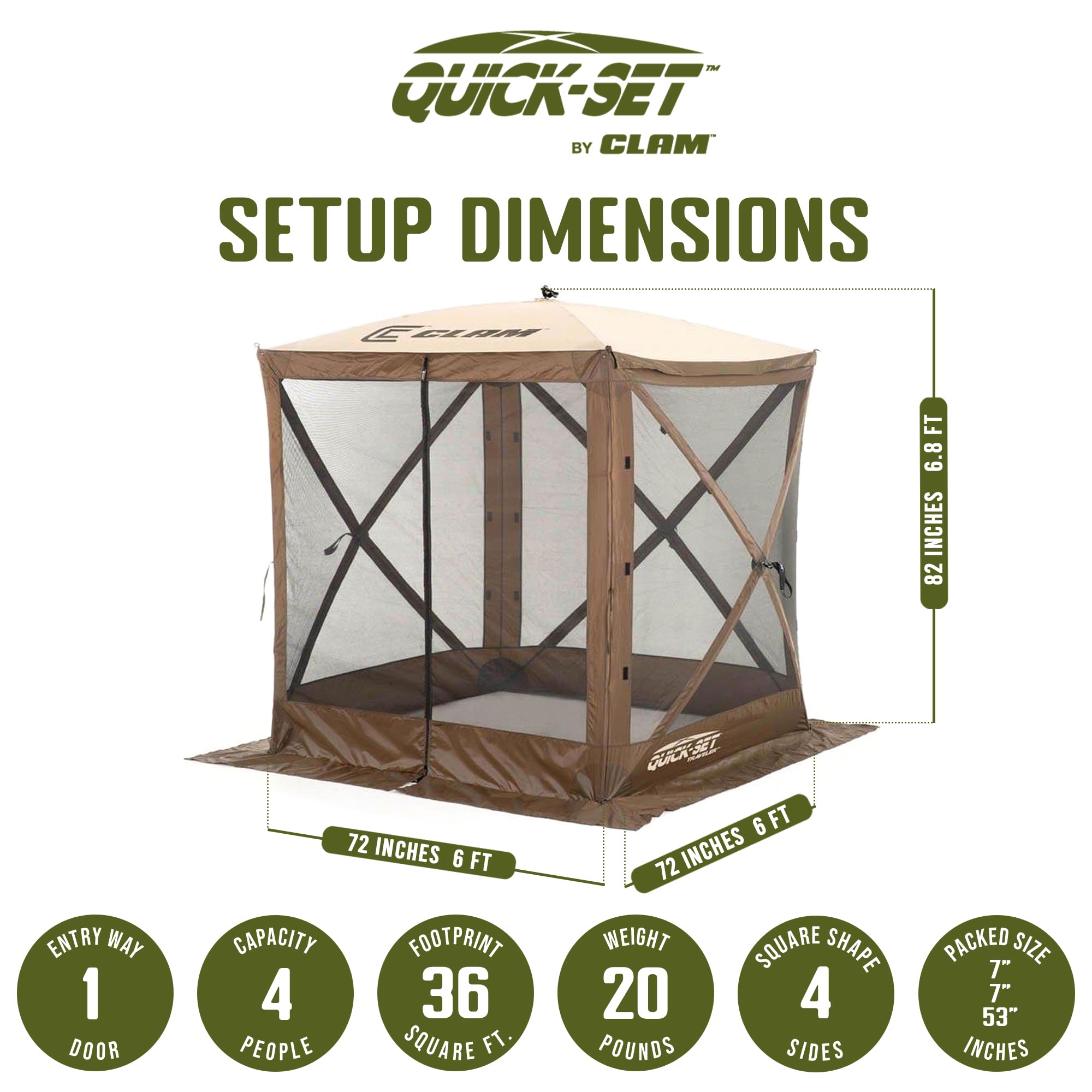 Pop Up CLAM Screen Tent, Outdoor Camping Gazebo Canopy, Traveler, 6' x 6', Brown