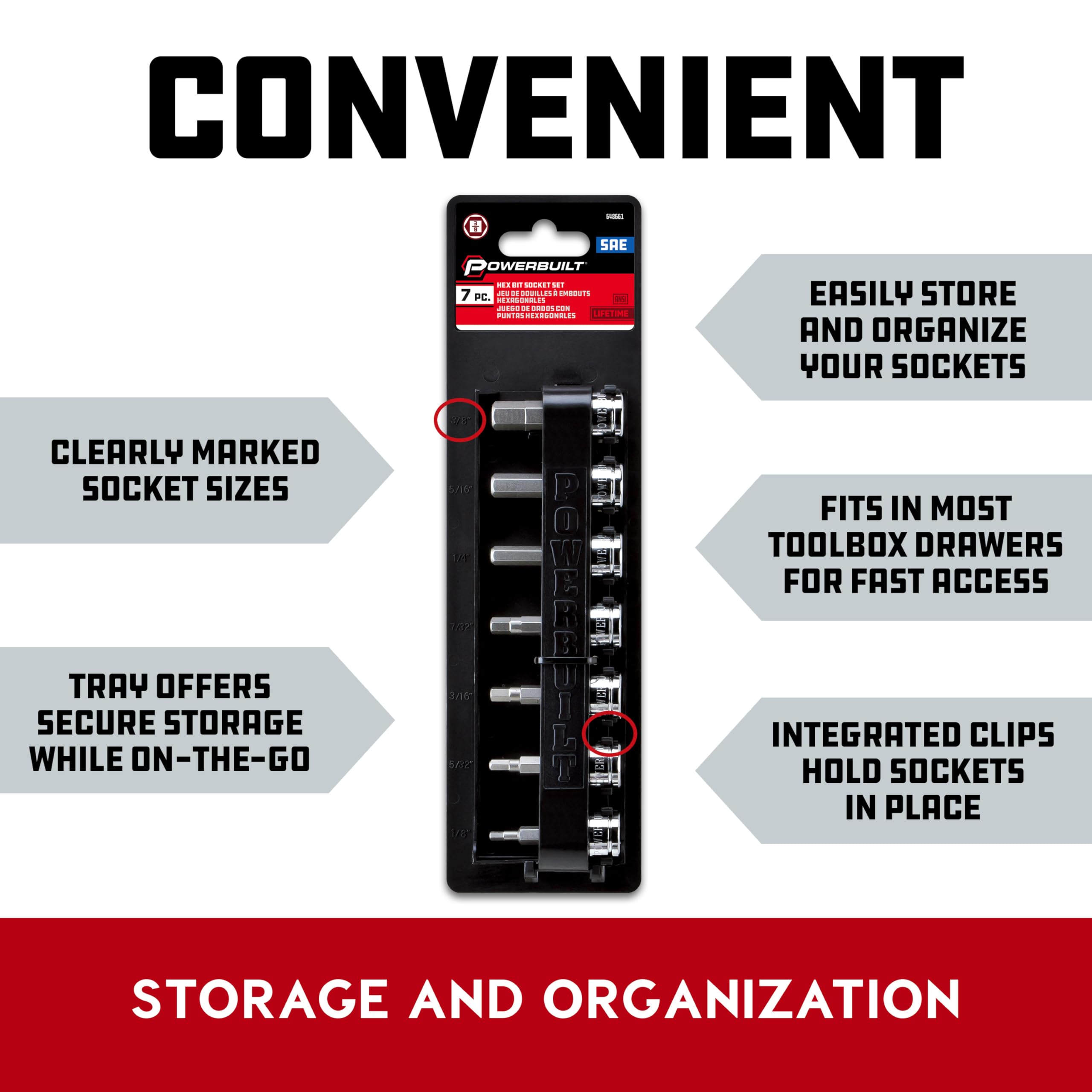 7 Piece Powerbuilt 3/8 Inch Drive SAE Hex Bit Socket Set, Sizes 1/8"-3/8", S2 Bits and Chrome-Vanadium Sockets, Hangable Storage Tool Holder - 648661