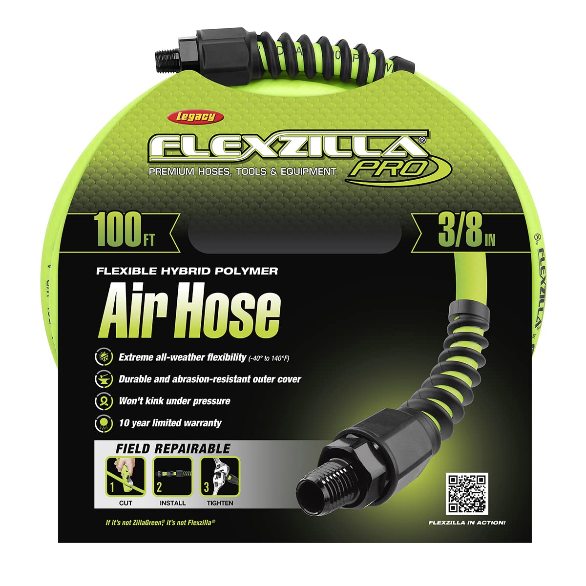 Flexzilla Pro Air Hose, 100 ft. x 3/8 in., Heavy Duty, Lightweight, Hybrid, ZillaGreen - HFZP38100YW2