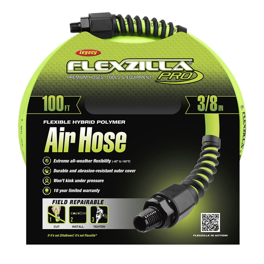 Flexzilla Pro Air Hose, 100 ft. x 3/8 in., Heavy Duty, Lightweight, Hybrid, ZillaGreen - HFZP38100YW2