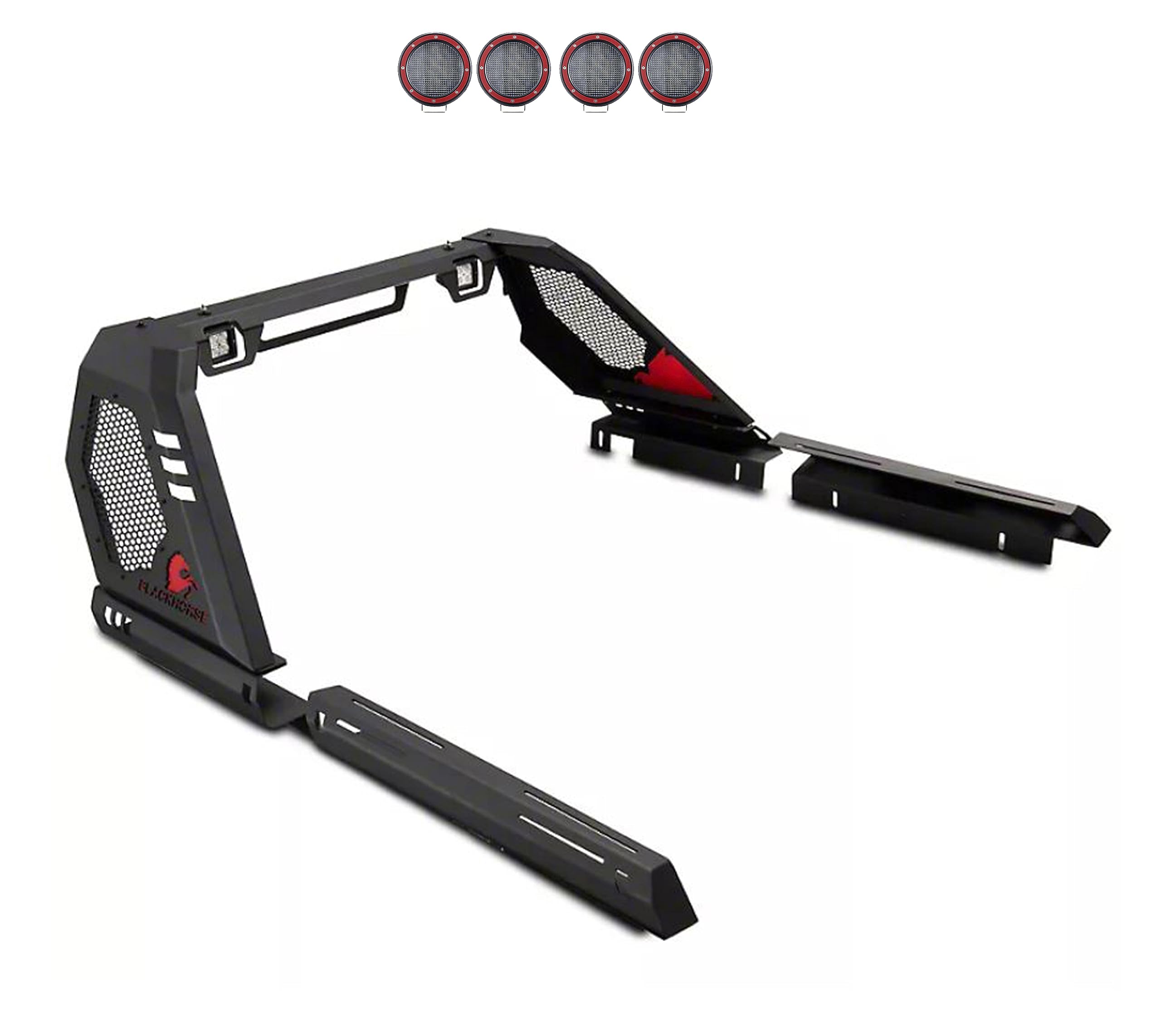 Vigor Black Horse Roll Bar Incl. Set of 5.3" Dia.Led Lights w/Red Trim Rings Modular Black Compatible with 2020-2024 Jeep Gladiator-VIRB09B-PLFR