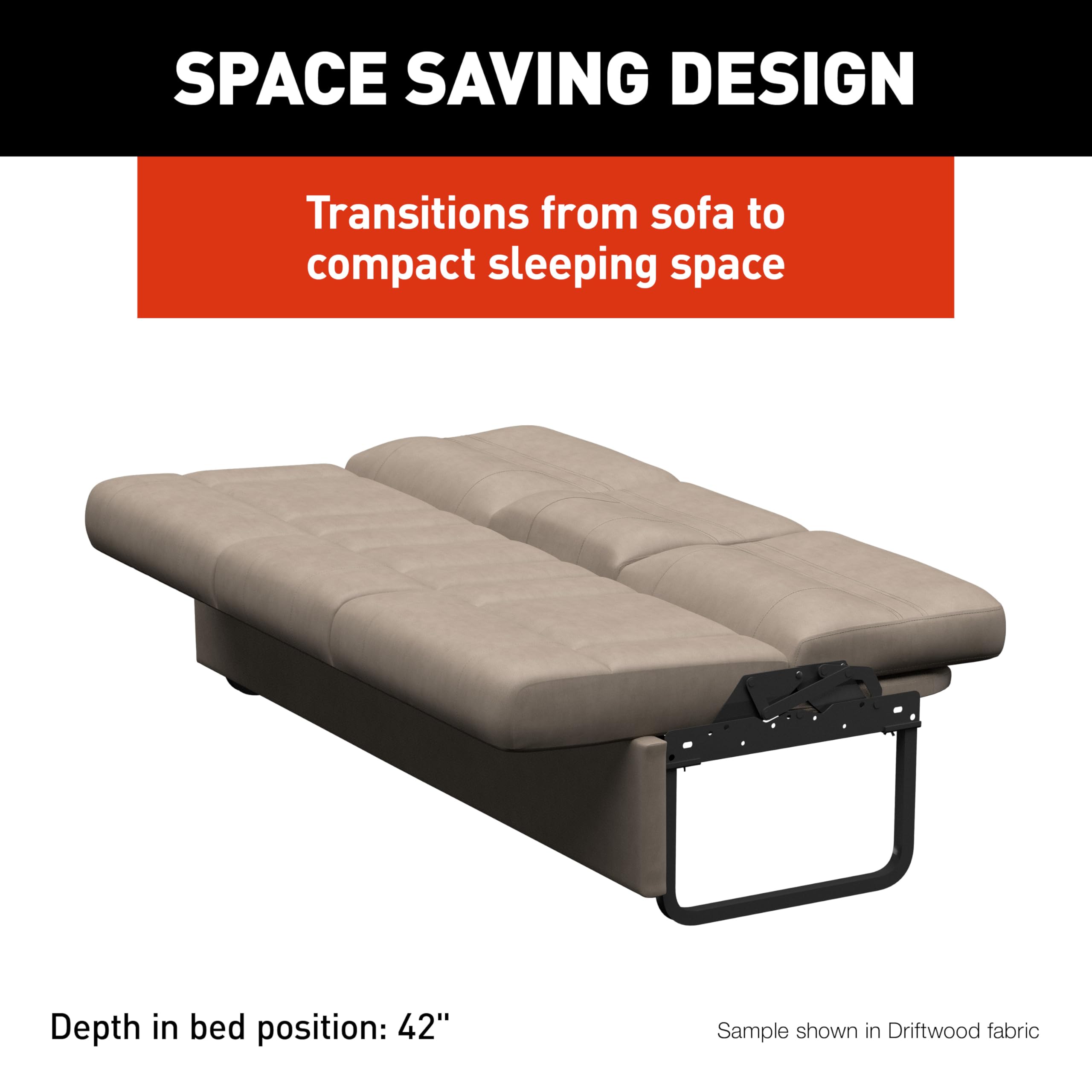 68" Thomas Payne Signature Driftwood RV Jackknife Sleeper Sofa with Matching Kickboard, Easy Transition, High-Density Foam Cushioning, Fold-Down Center, Dual Cupholders - 2024044397