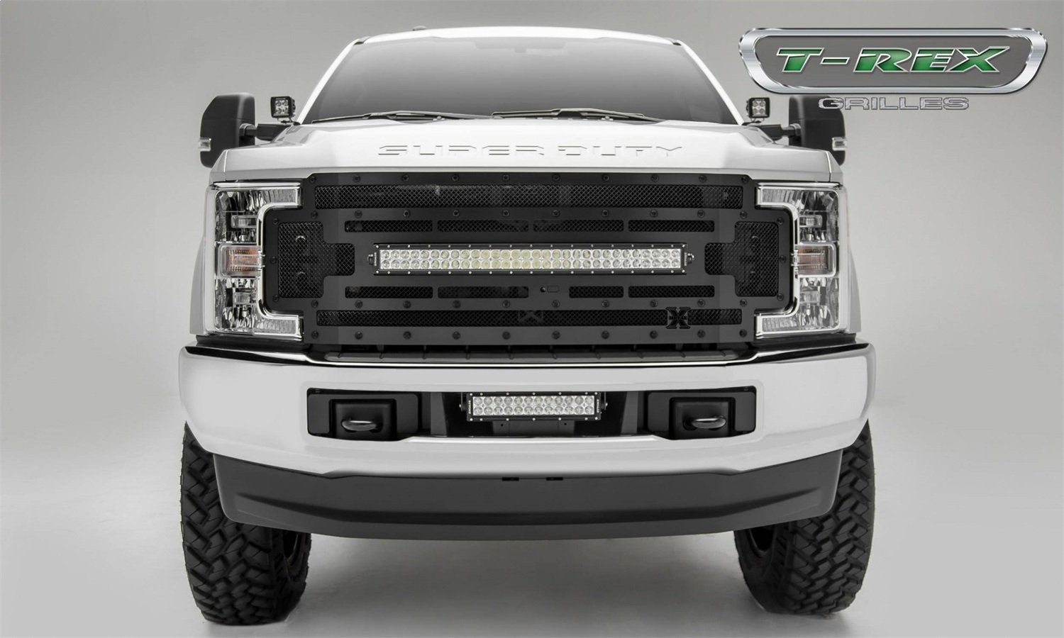 T-Rex Grilles Stealth Torch Grille 2017-2019 Super Duty, Black, 1 Pc, Replacement, Black Studs with (1) 30" LED, Fits Vehicles with Camera - PN #6315371-BR