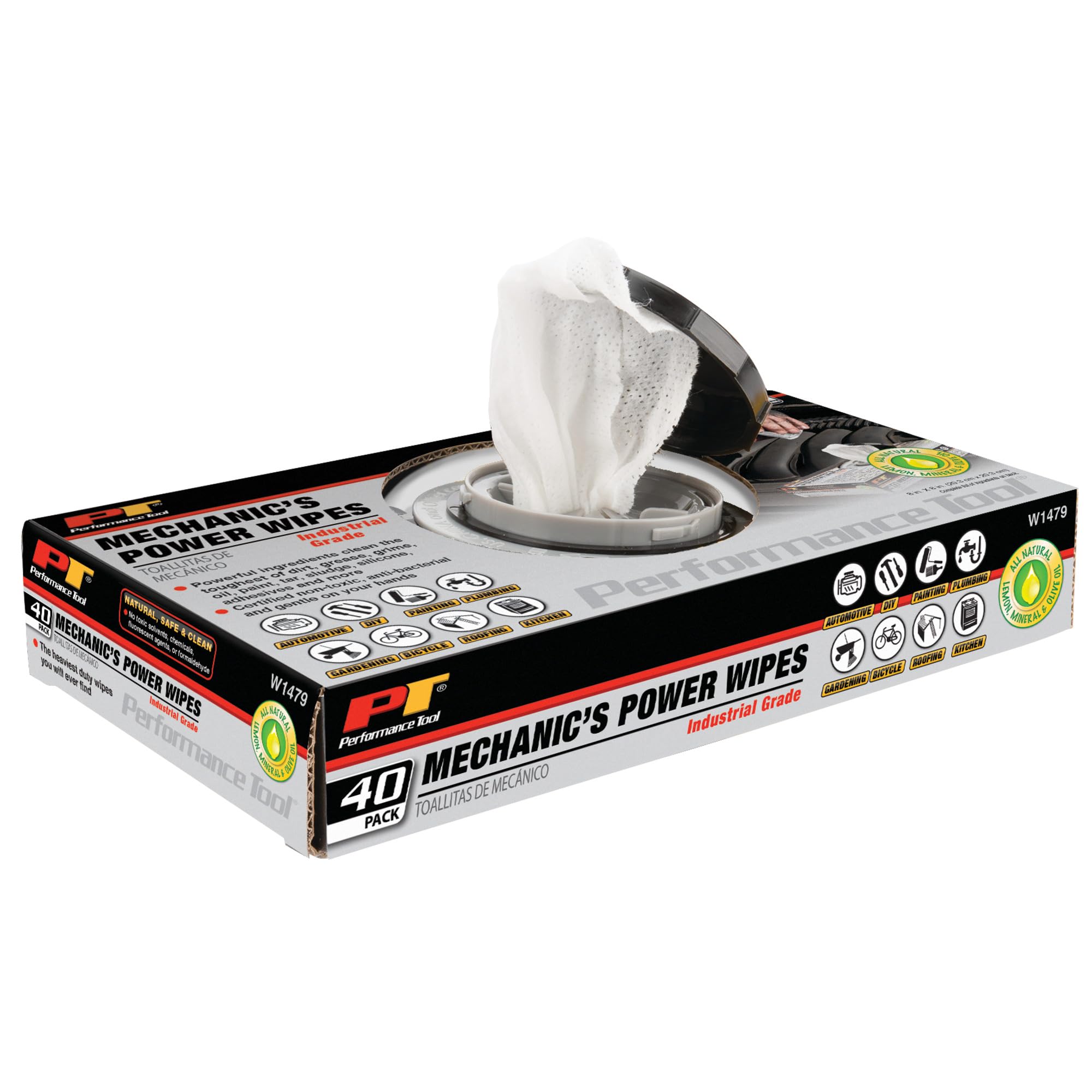 W1479 Performance Tool 40Pk Industrial Mechanic Wipes - Heavy Duty Cleaning Wipes for Grease, Oil, and Grime, Ideal for Automotive and Industrial Use