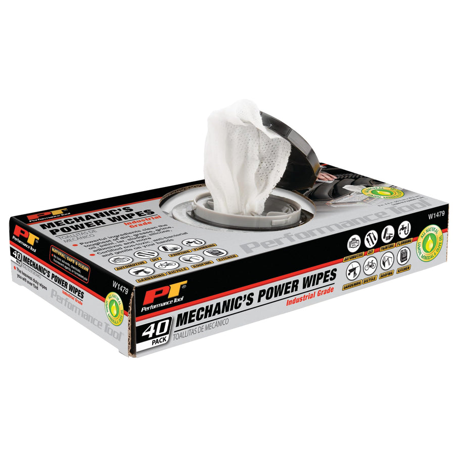 W1479 Performance Tool 40Pk Industrial Mechanic Wipes - Heavy Duty Cleaning Wipes for Grease, Oil, and Grime, Ideal for Automotive and Industrial Use