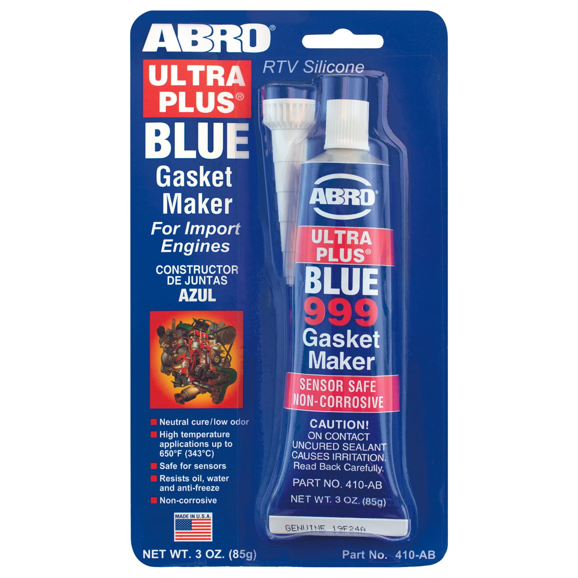 Ultra Plus ABRO 999 RTV Silicone Sealant and Gasket Maker, for Import Engines, Sensor Safe, Non-Corrosive, High Temp Head Gasket Sealer, 650 Degrees F, 3 oz. Tube - Blue