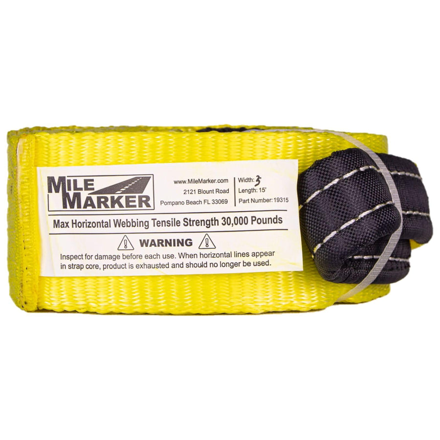 Mile Marker Single Yellow 3" x 15′ Recovery Strap for Heavy Duty Use 19315 - Rated to 30,000 Pound Capacity - User Safety with Built in Blue Lines Ensures