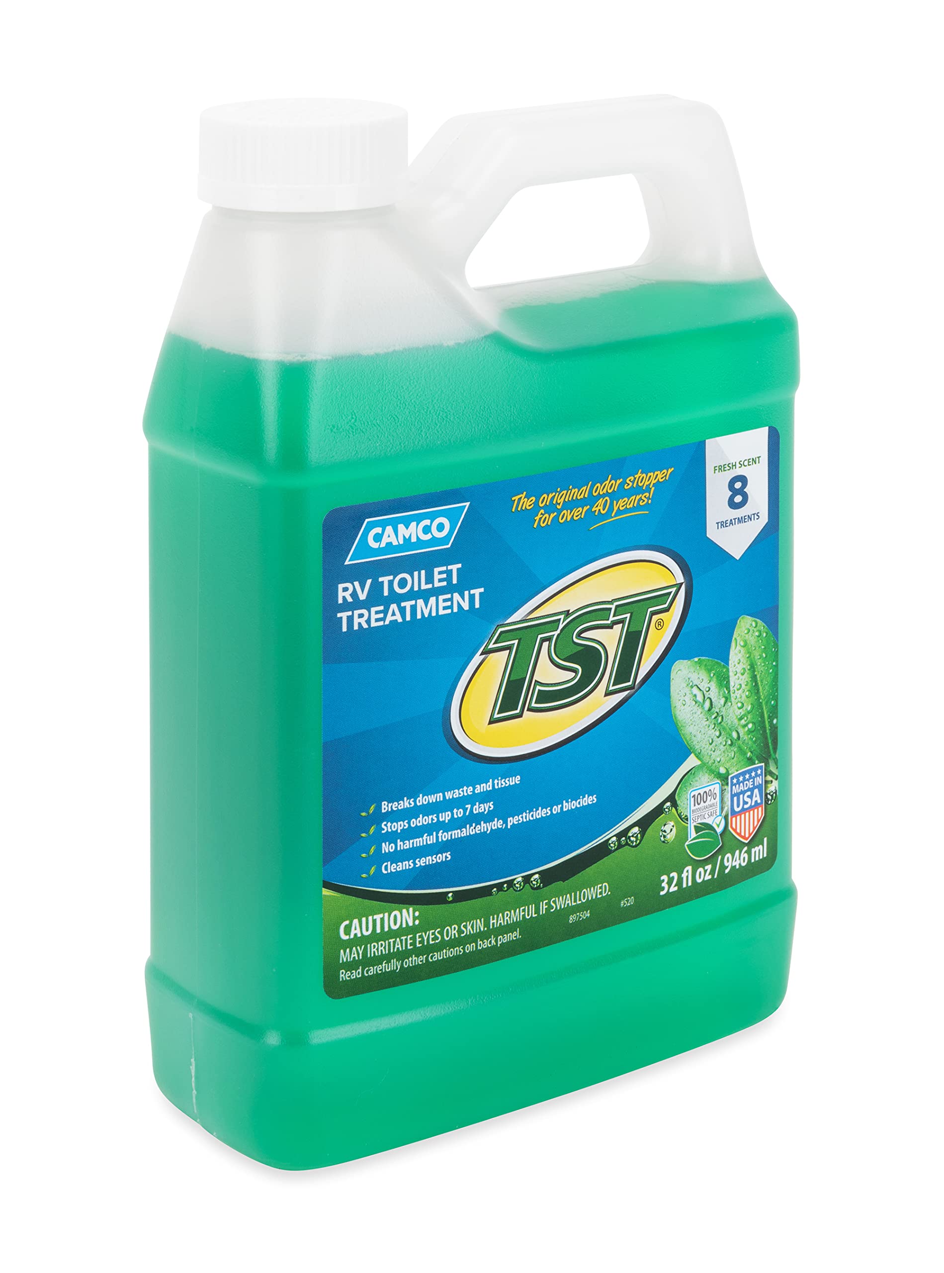 Camco TST RV Toilet Treatment Fresh Scent - Formaldehyde Free - Breaks Down Waste And Tissue - Septic Tank Safe - Treats up to 8-40 Gallon Holding Tanks (32 Ounce Bottle) (40226)
