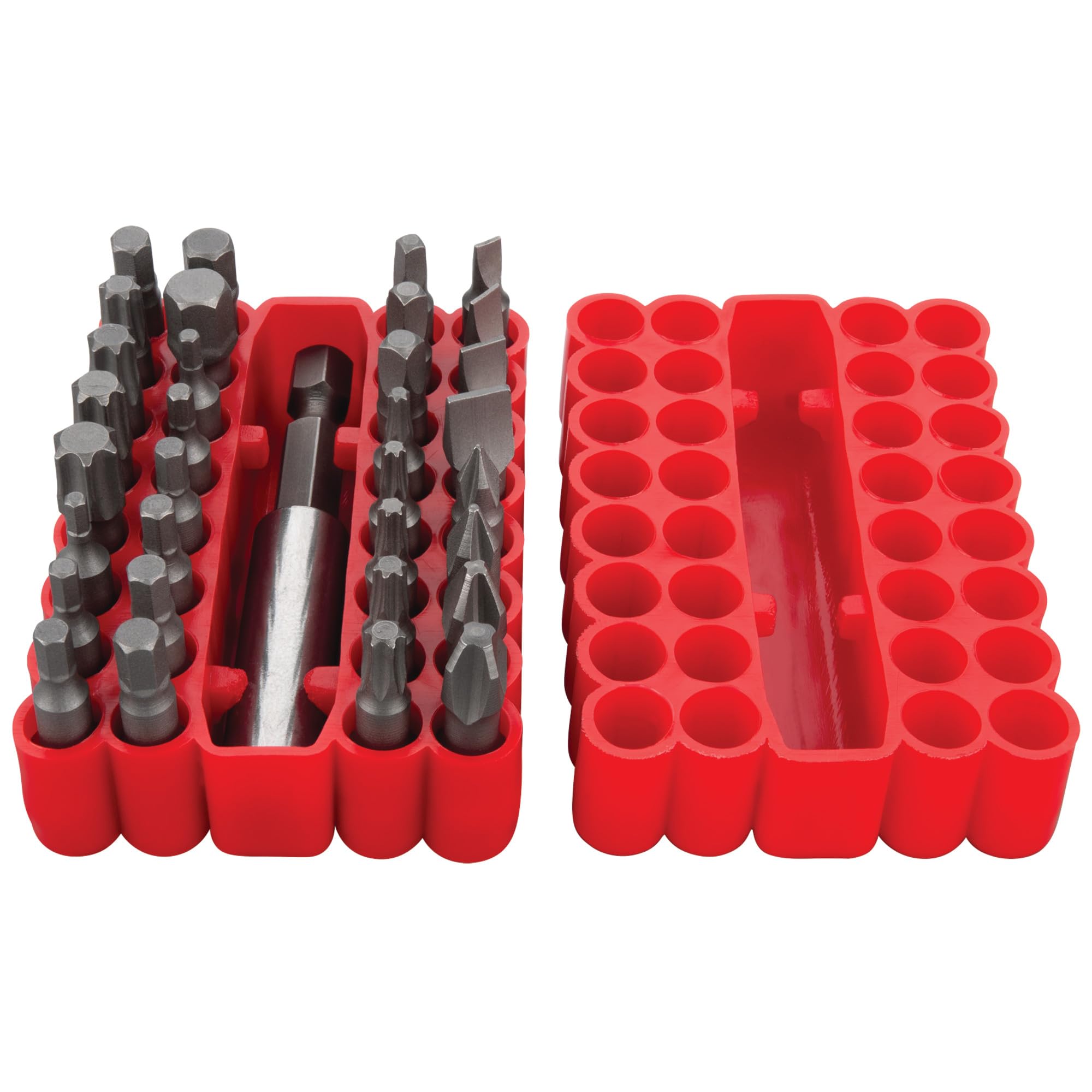W8661 Performance Tool 33-Piece Impact Torsion Bit Set, S2 Steel, 1-Inch Phillips, Slotted, Star, Square, Metrix Hex, SAE Hex Bits, 2-1/2 Inch Magnetic Bit Holder, 2-Sided Rubber Case, Red