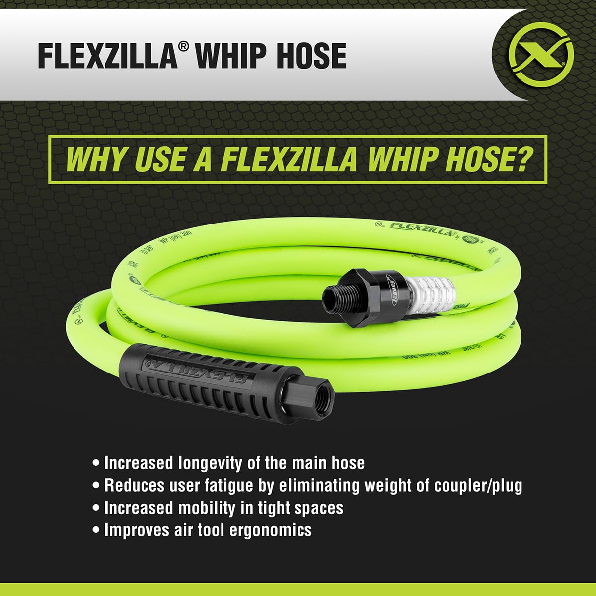 Flexzilla Swivel Air Hose Whip, 3/8 in. x 6 ft. (1/4" MNPT Ball Swivel x 1/4" FNPT Ends), Heavy Duty, Lightweight, Hybrid, ZillaGreen - HFZ3806YW2B