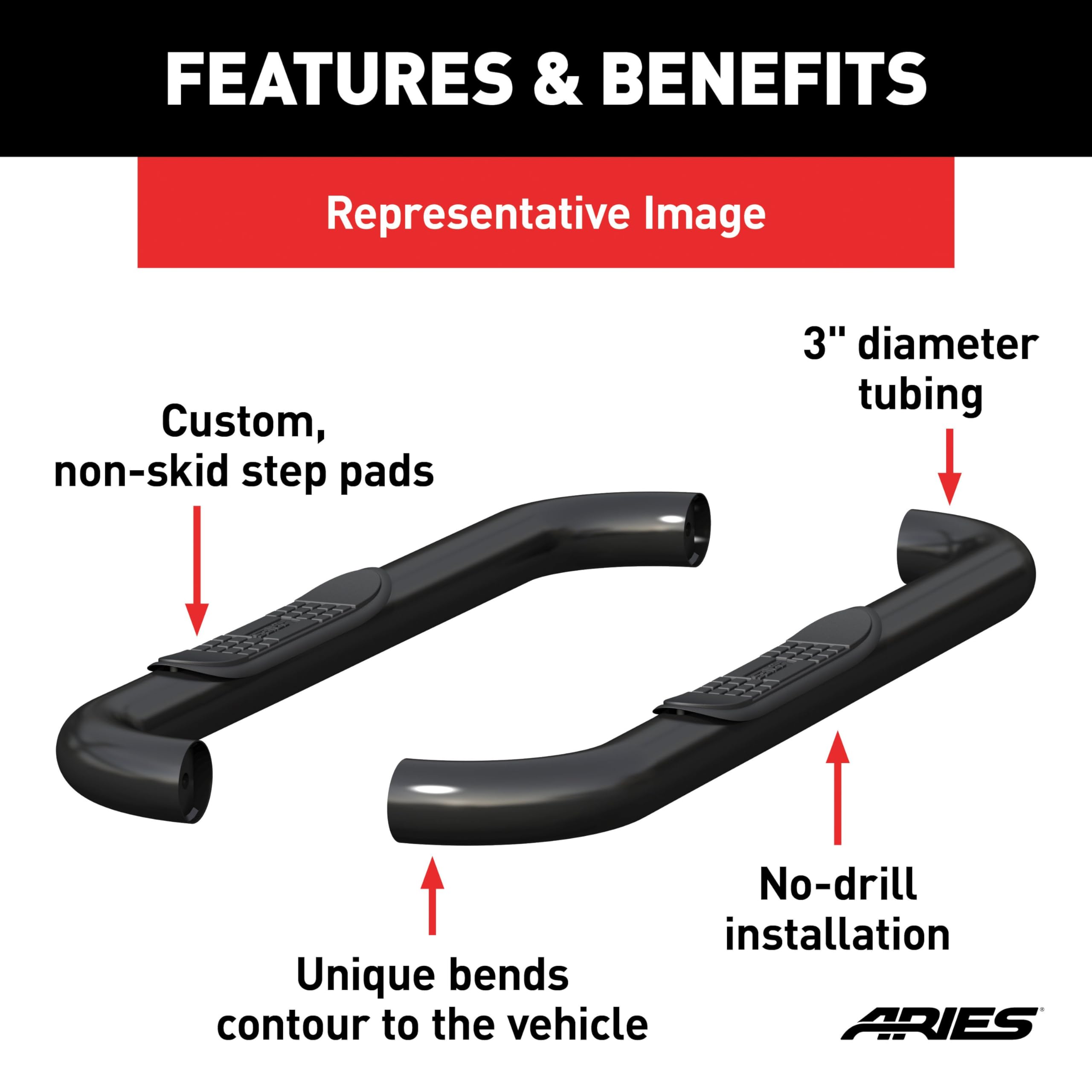 3-Inch Round Black Steel ARIES Nerf Bars, No-Drill, Fits Select Ford F-150