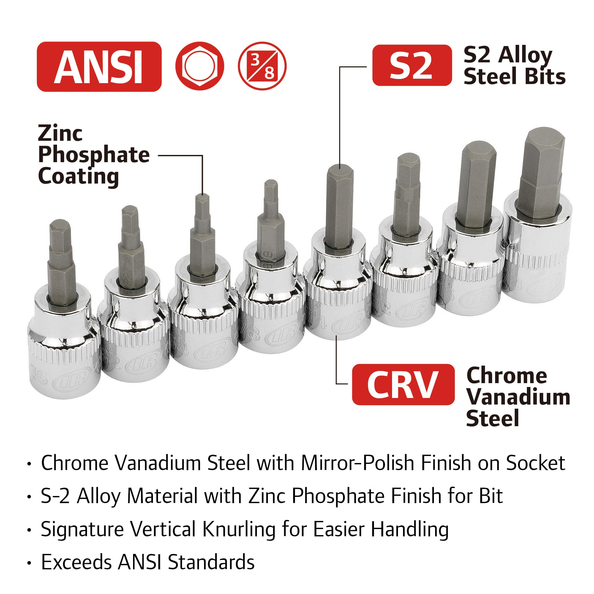 Ingersoll Rand 8-Piece SAE Hex Bit Socket Set 3/8 in. Drive – Sizes 1/8" to 3/8", Industrial-Grade S2 Steel, Mirror-Polished Chrome Vanadium Sockets, Thermoform Tray – 752028