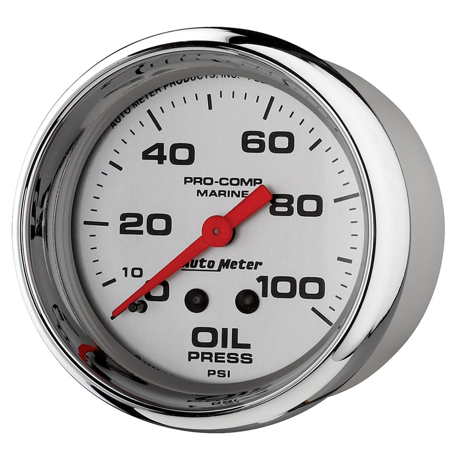 Oil Pressure AutoMeter Gauge, 2 5/8", 100Psi, Mechanical, Marine Chrome (200777-35)