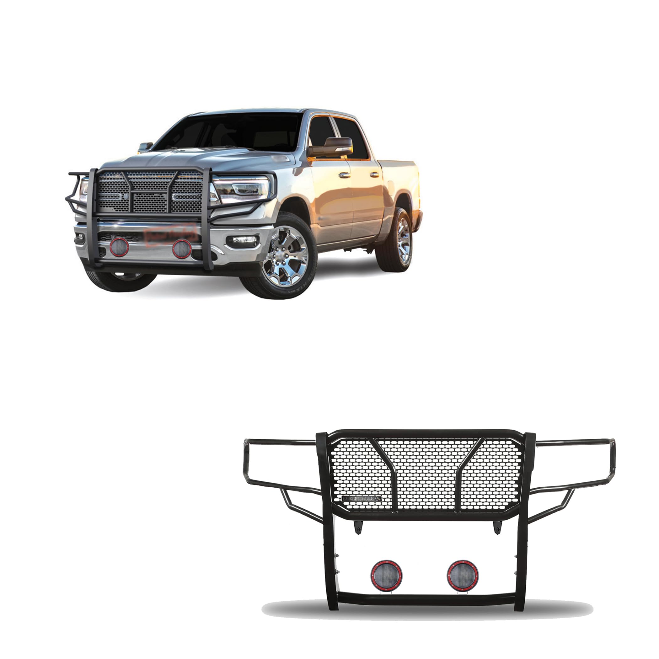 Heavy Duty Black Horse Rugged Grille Brush Bumper Guard Modular Come with Pair of 5.3" Dia.LED Lights with Red Trim Rings Compatible with 2019-2025 Ram 1500-RU-DORA19-B-PLFR