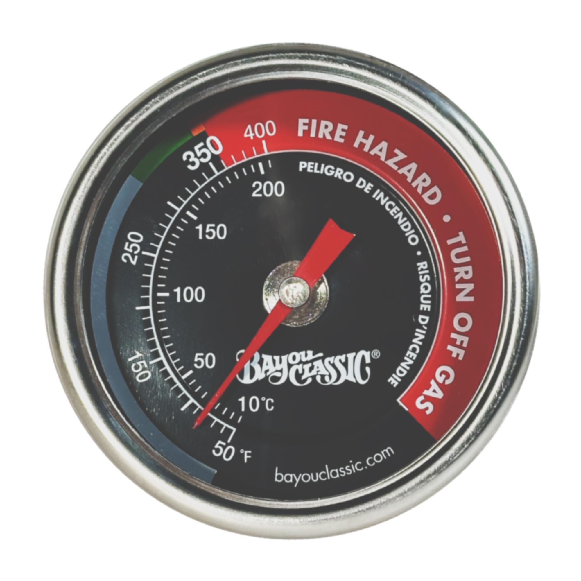 Bayou Fryer Thermometer Bayou Classic Stainless Steel Design Tempered Glass Dial Face w/ 50˚- 400˚F Range Fits 2.5-gal 4-gal and 9-gal Fryers