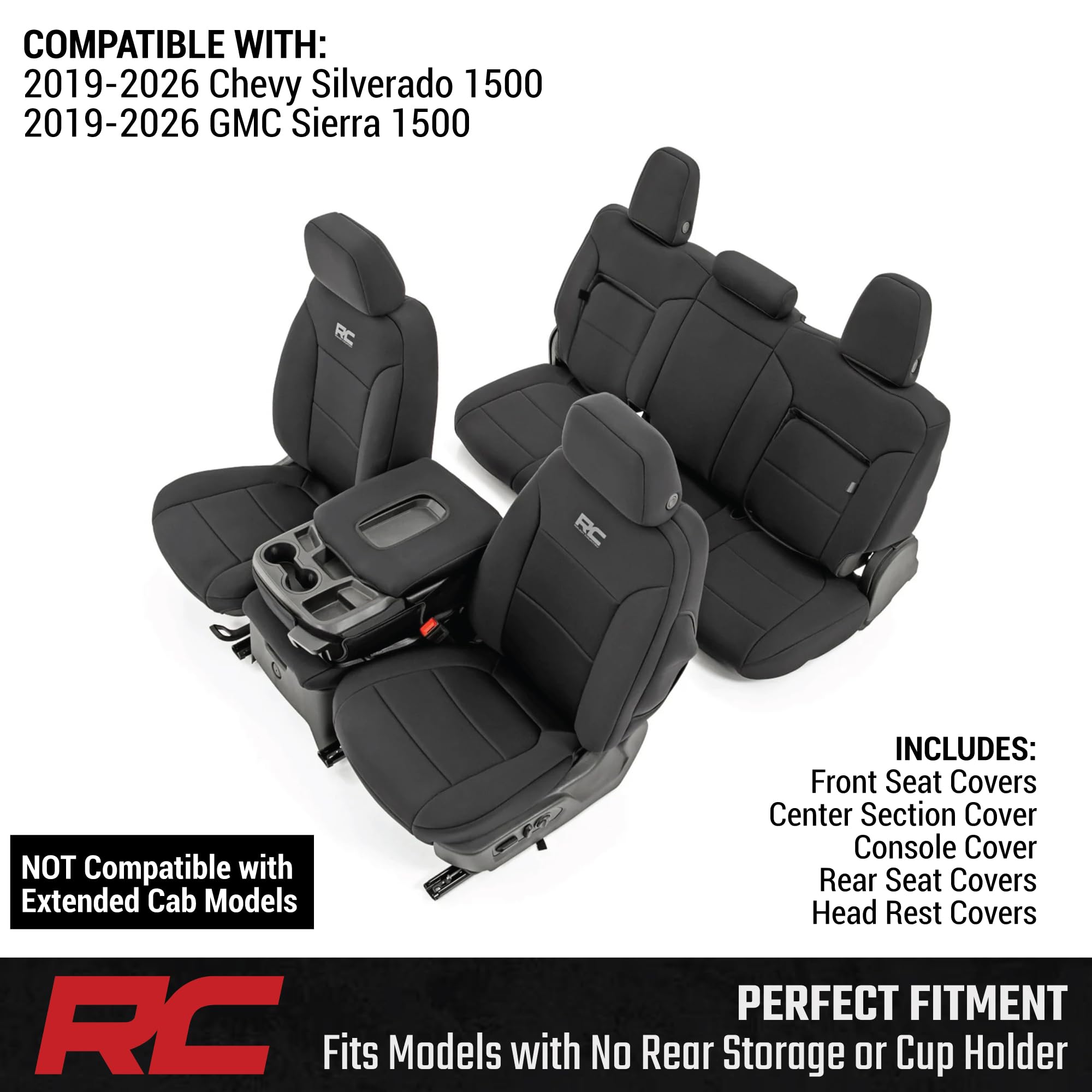 Rough Country Neoprene Seat Covers for GMC Sierra & Chevy Silverado 1500 (2019-2026) w/No Rear Seat Storage or Cup Holder - Waterproof & UV Resistant, Foam Padded, Front & Rear Row Cover Set