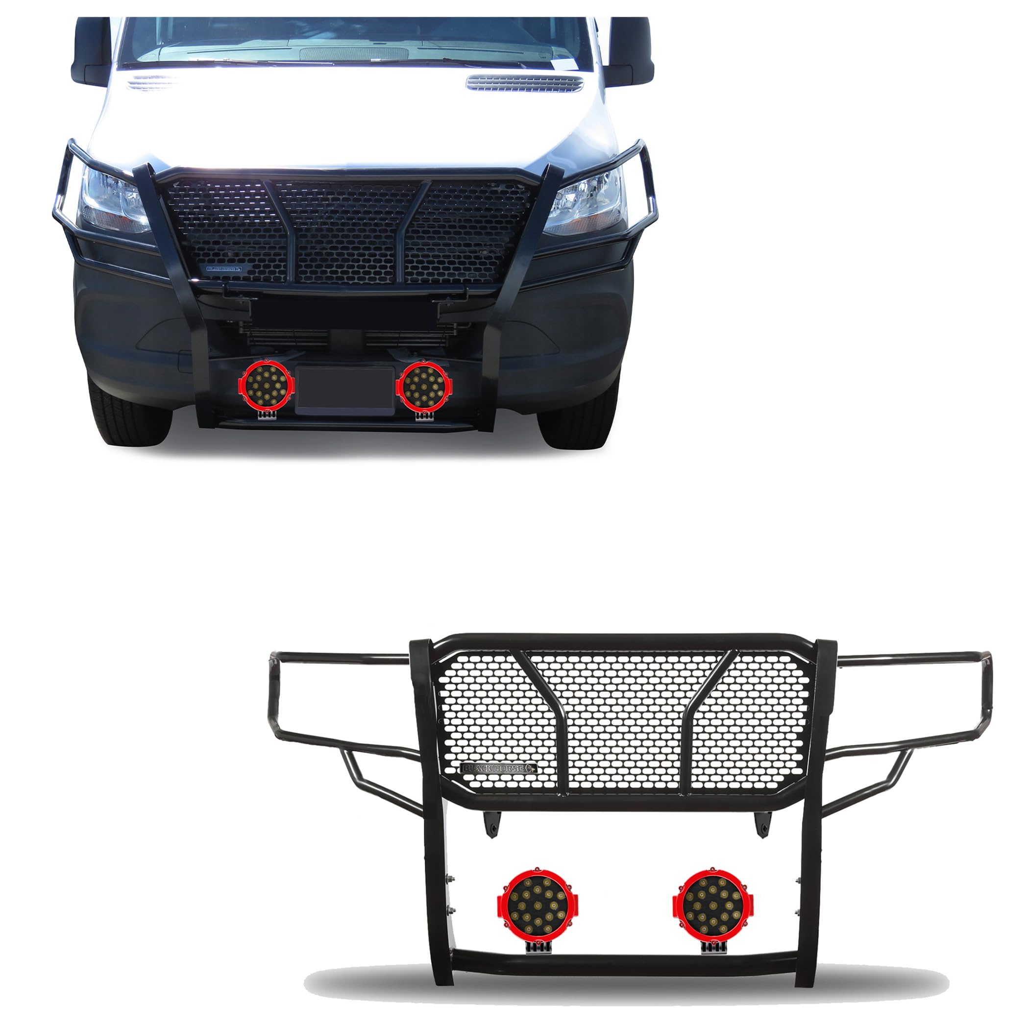 RUGGED HD Black Horse Grille Brush Bumper Guard Modular Come With pair of 7.0"LED Lights with Red Trim Rings Compatible with 2019-2025 Dodge Sprinter-Benz Sprinter 1500/2500/3500-RU-DOSP19-B-PLR