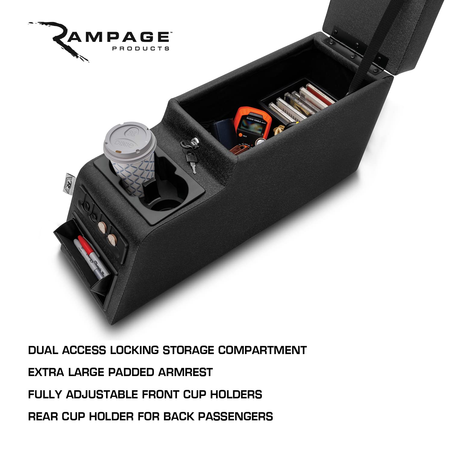 Locking Center Console RAMPAGE PRODUCTS for Jeep CJ | Black Denim | 31515 | Fits 1976-1983 Jeep CJ5 / 1976-1986 Jeep CJ7 / 1987-1995 Wrangler YJ