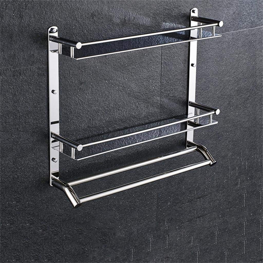 304 Stainless Steel BTBT Double Shelves with Towel Rack, Multi-Use Bathroom Brackets, Wall Mounted Shelf for Bathroom Punching (Size: 50cm)