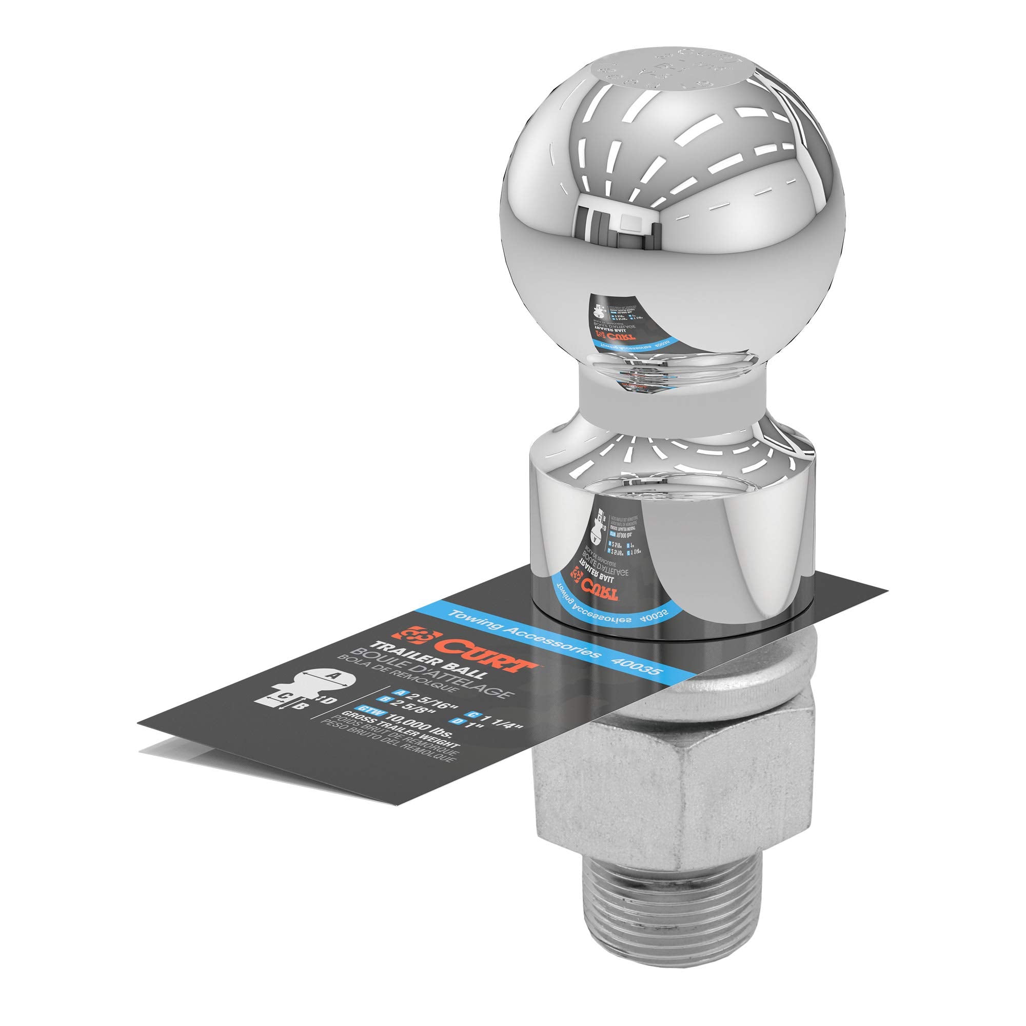 CURT 40035 Trailer Hitch Ball Chrome, 10,000 lbs, 2-Inch Rise, 2-5/16-Inch Diameter, 1-1/4 x 2-5/8-Inch Shank, silver