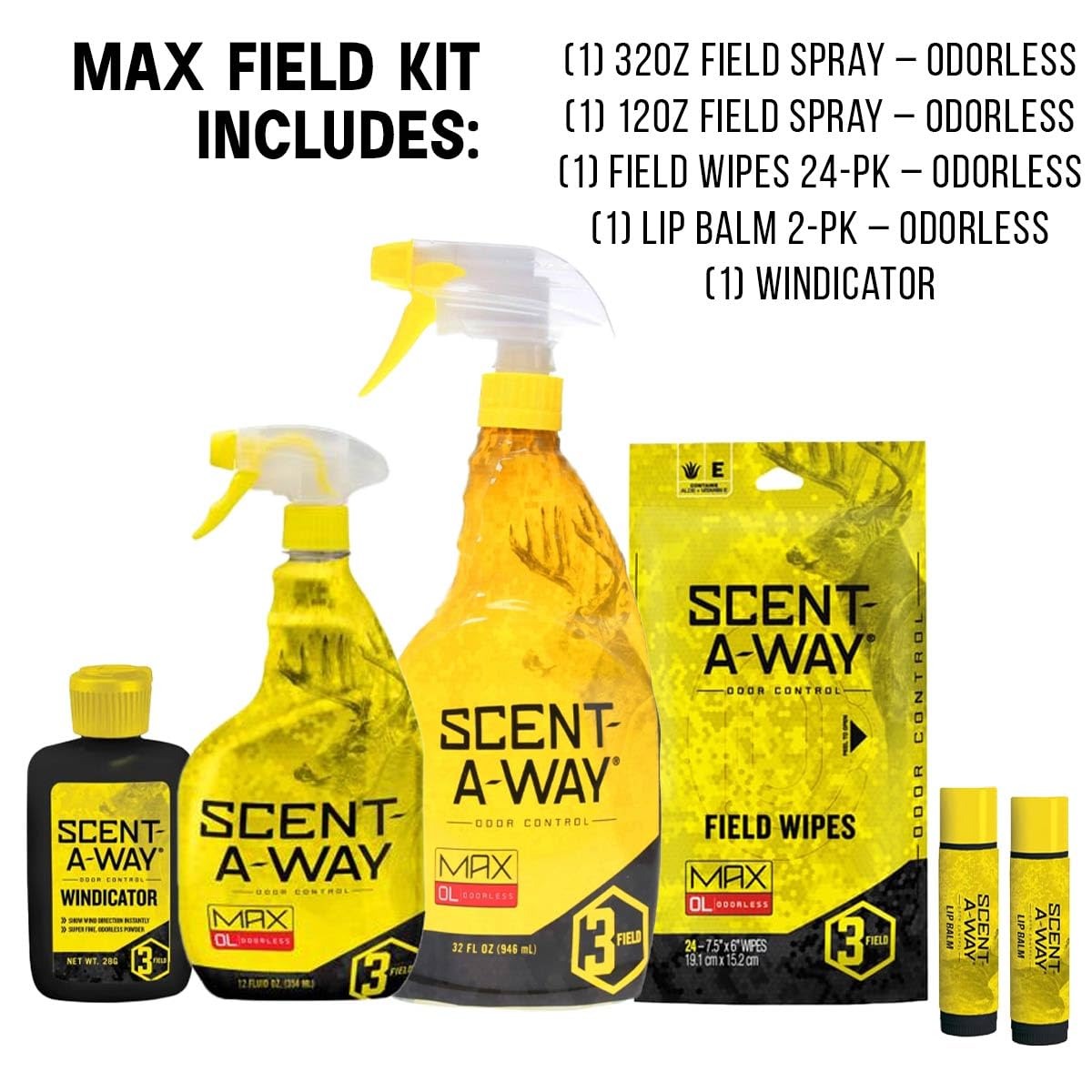 Scent-A-Way MAX Hunters Specialties Odorless Field Kit - 32 Oz Field Spray, 12 Oz Field Spray, 24 Pack Field Wipes, 2 Pack Lip Balm, Windicator