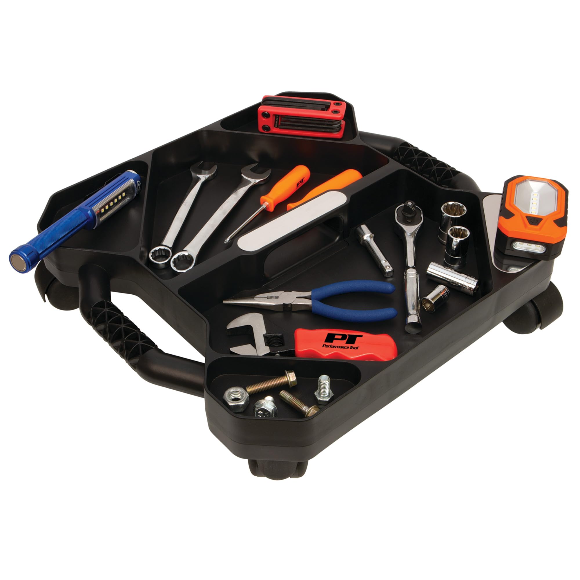 Tool Creeper Performance Tool W85032 Rolling Caddy Tray with 5 Sections for Mechanic Garage and Workshop Organization, Black, 17.13x15.75x4.75-Inches
