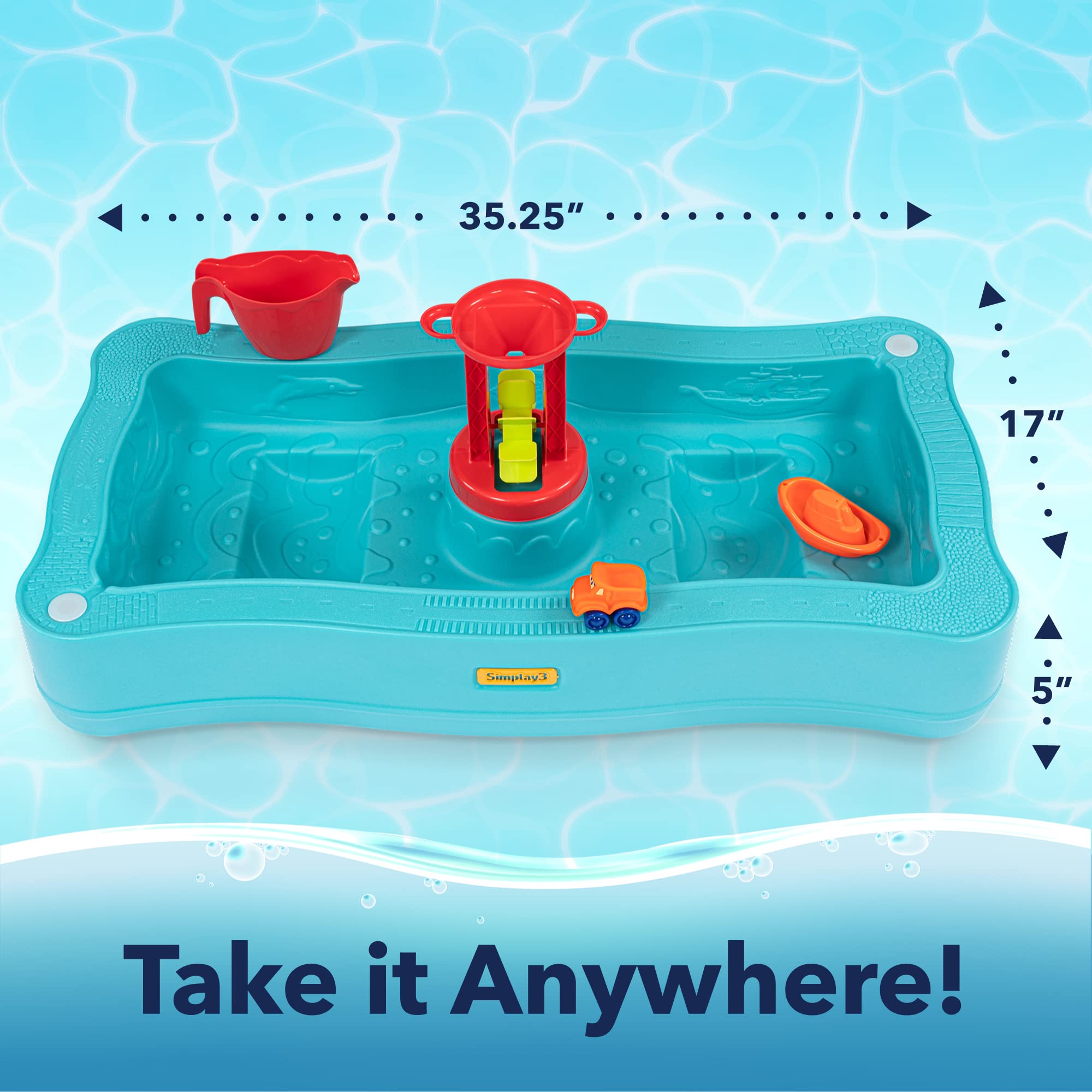 Simplay3 Ocean Drive Carry & Go 2-Sided Water Play Table for Kids with 4 Accessories - Indoor/Outdoor Toy Includes Waterwheel, Boat, Bucket, and Truck, Made in USA