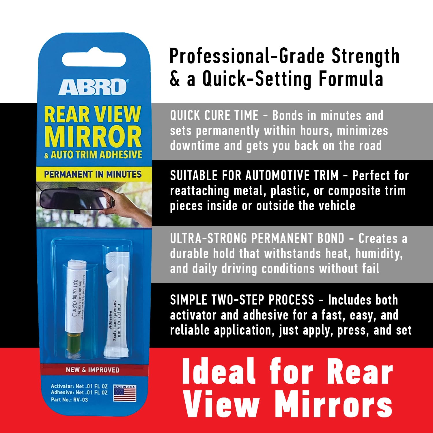 ABRO Adhesive Rear View Mirror, Two-Step Application, Ultra-Strong Permanent Bond, Ideal for Auto Trim Attachment, Quick-Set Solution for Mirrors, Trim, and Moldings