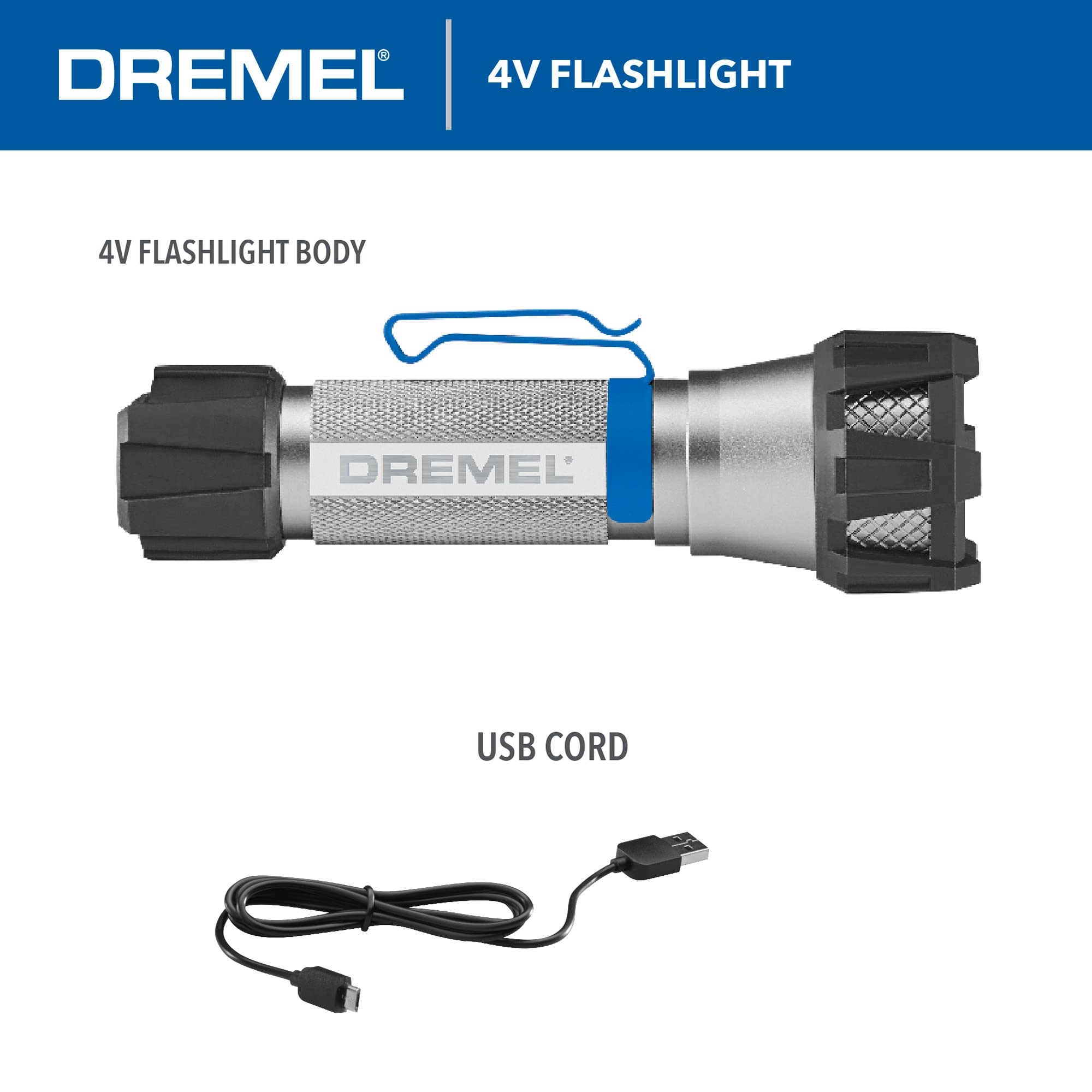 Dremel 4V HSFL-01 Cordless USB Rechargeable Flashlight with 500 Lumens and 3 Light Modes, Grey