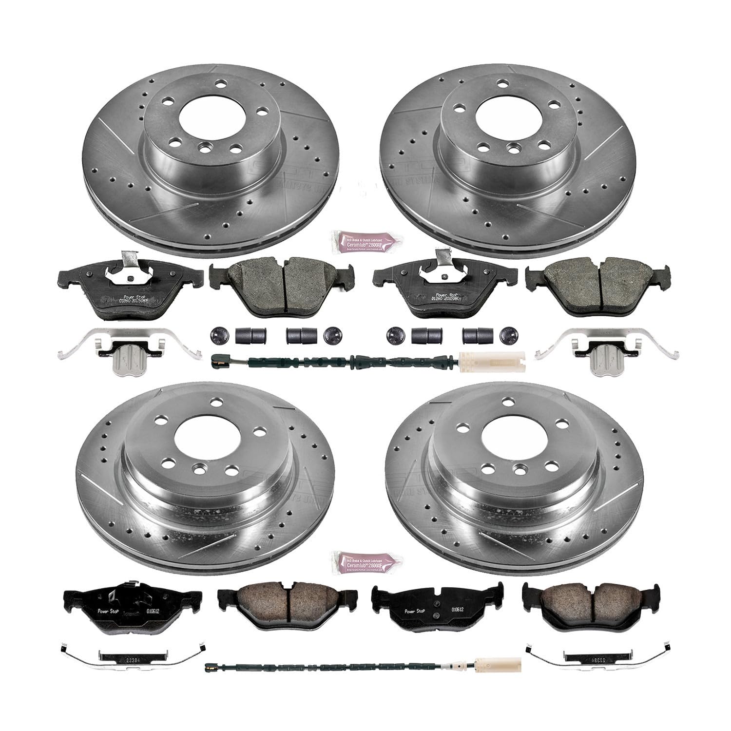 Power Stop K7024 Z23 Carbon Fiber Brake Pads Front and Rear with Drilled & Slotted Brake Rotors Kit For BMW X1 2013-2015 [Model Specific]