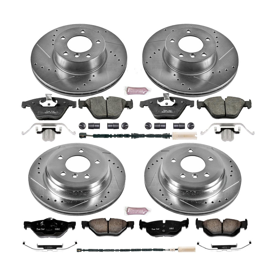 Power Stop K7024 Z23 Carbon Fiber Brake Pads Front and Rear with Drilled & Slotted Brake Rotors Kit For BMW X1 2013-2015 [Model Specific]
